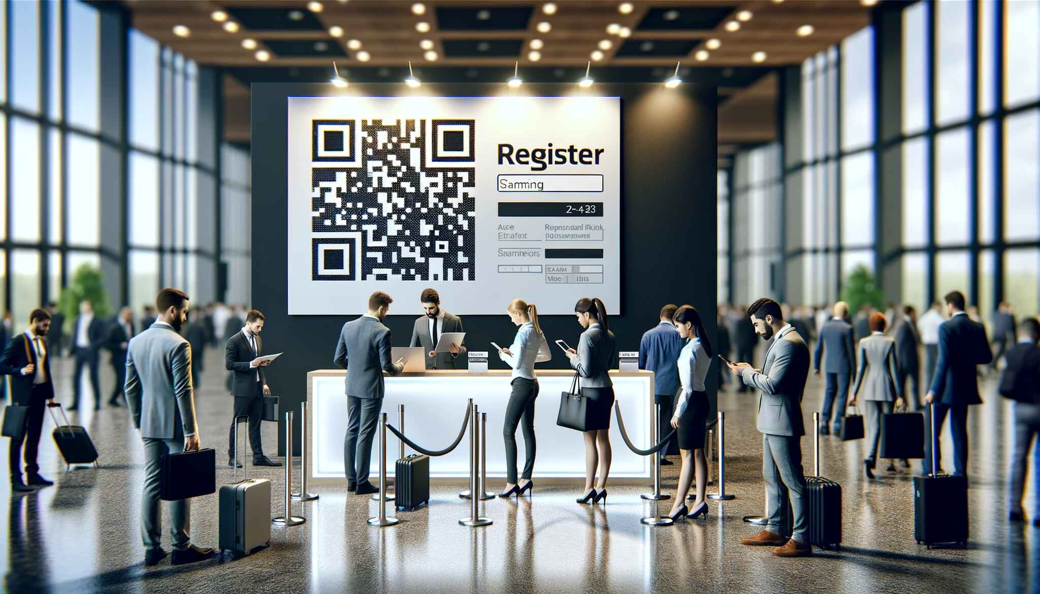 A modern conference registration desk with a large QR code and attendees