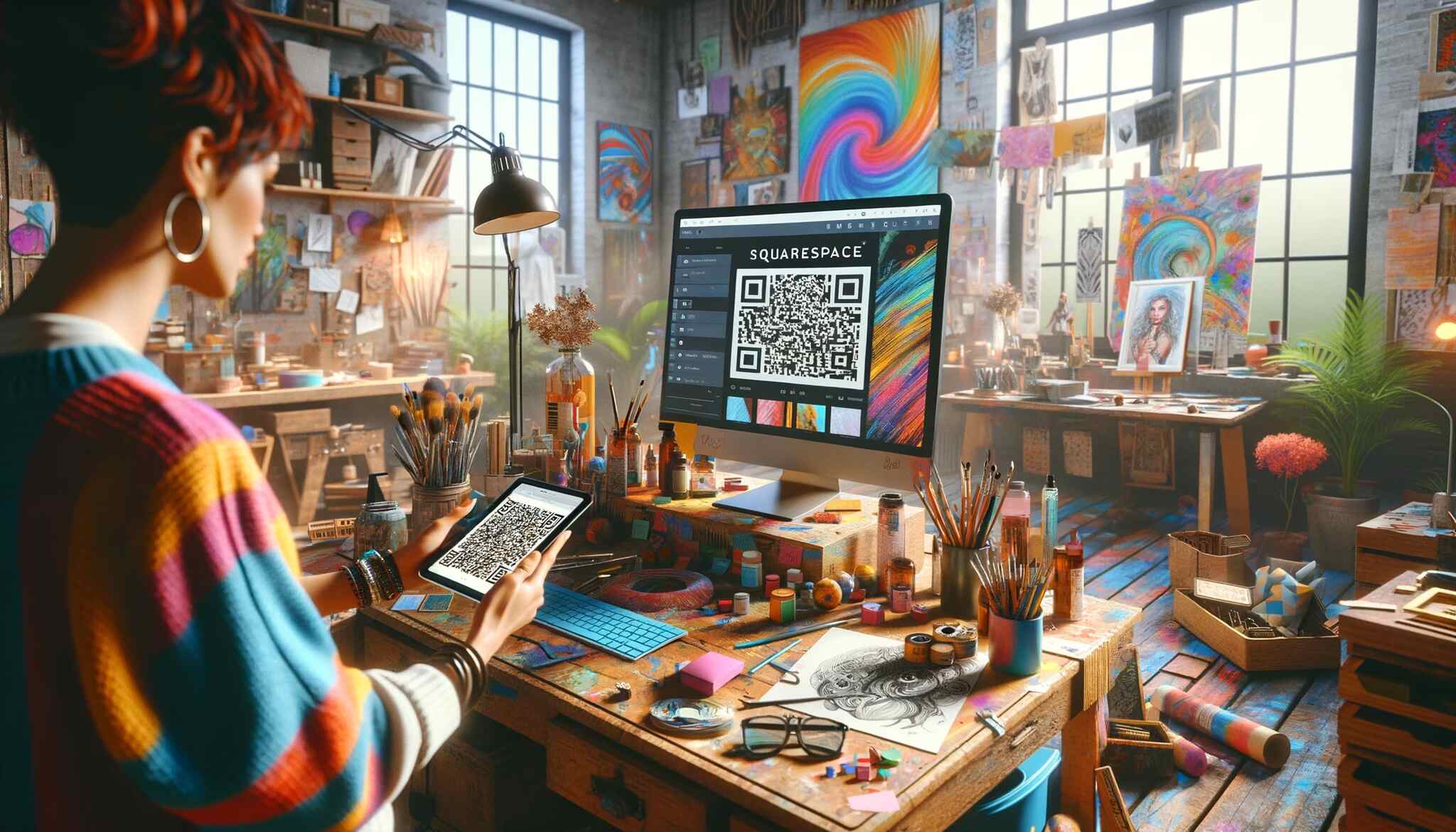 A creative workspace and a person interacting with a square space QR code using tablet and computer screen