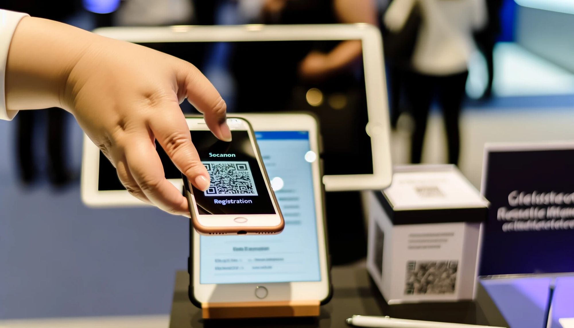 A close-up view of a person's hand holding a smartphone, and scanning a QR code for registration 