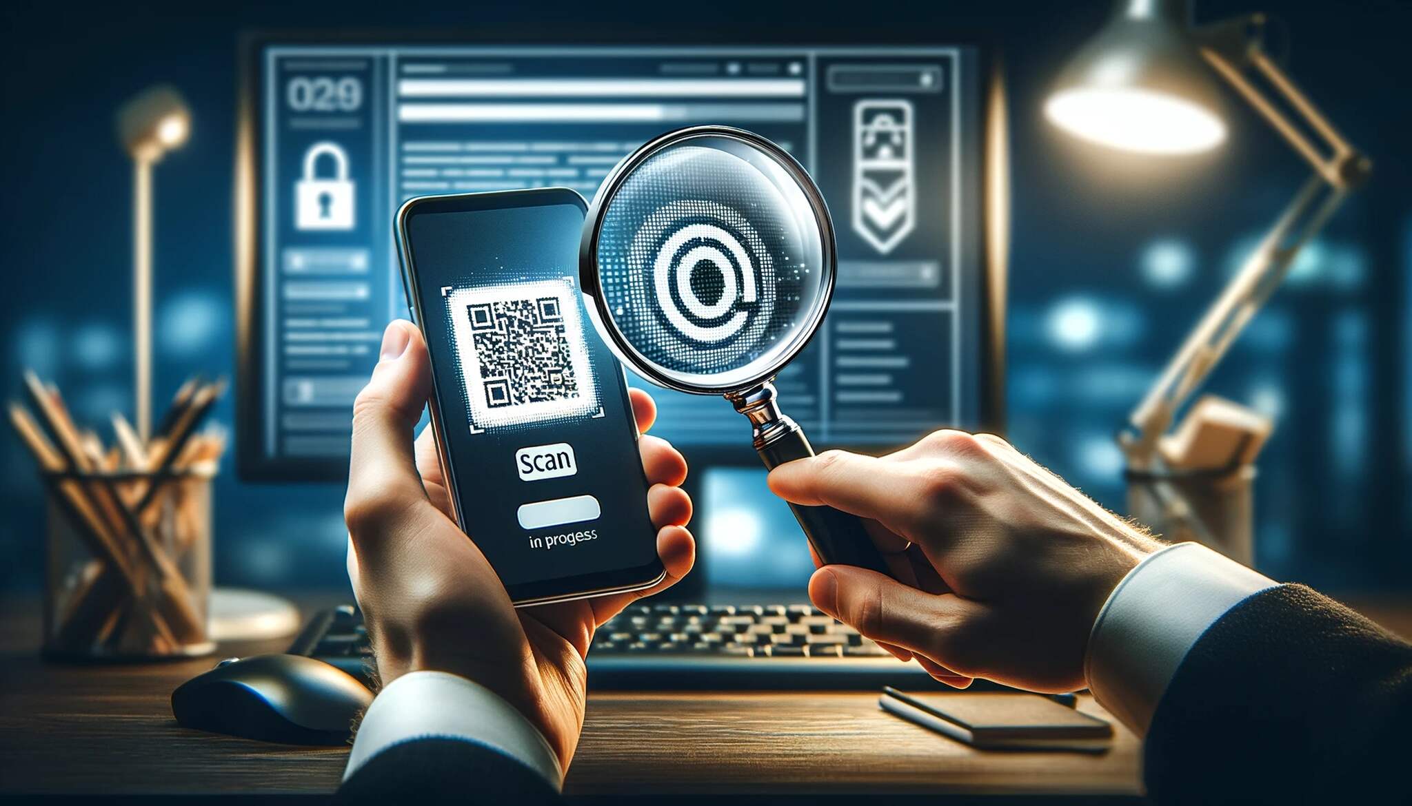 A hand holding a phone with a QR code and a magnifying glass