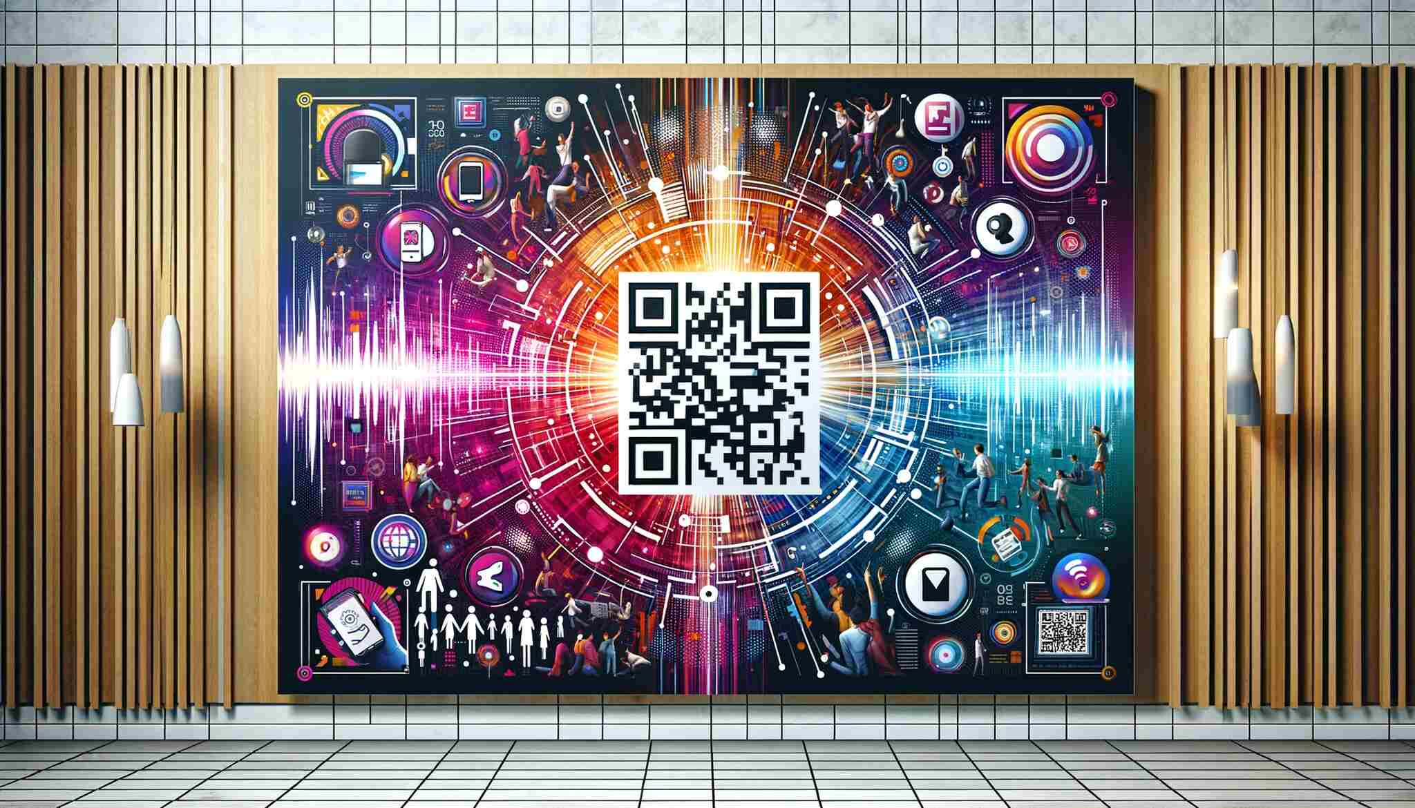 A large and vibrant poster displaying a QR code on colorful illustrations