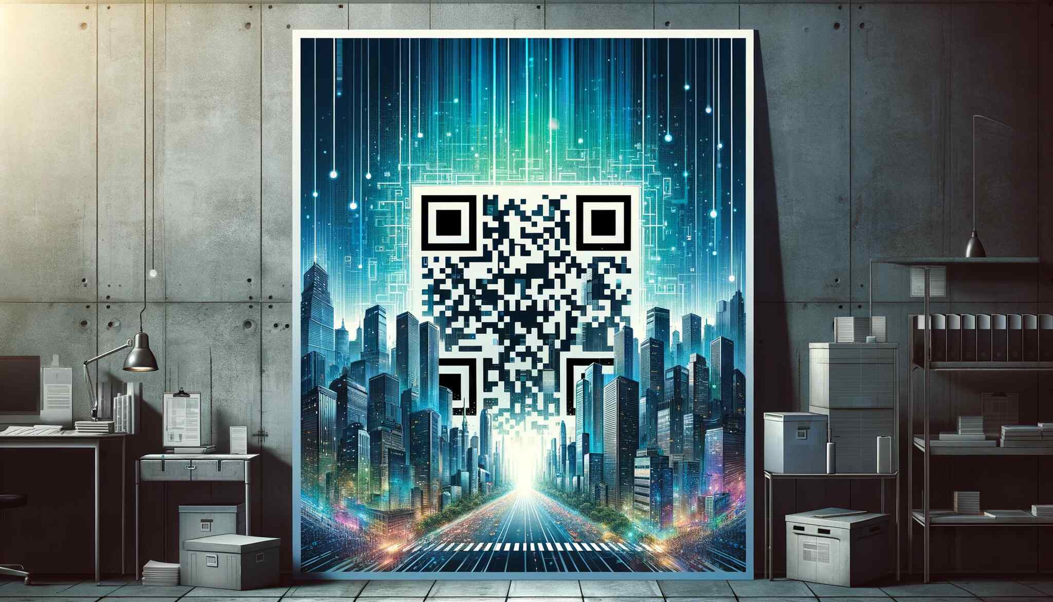 A large poster displaying a cityscape and a QR code