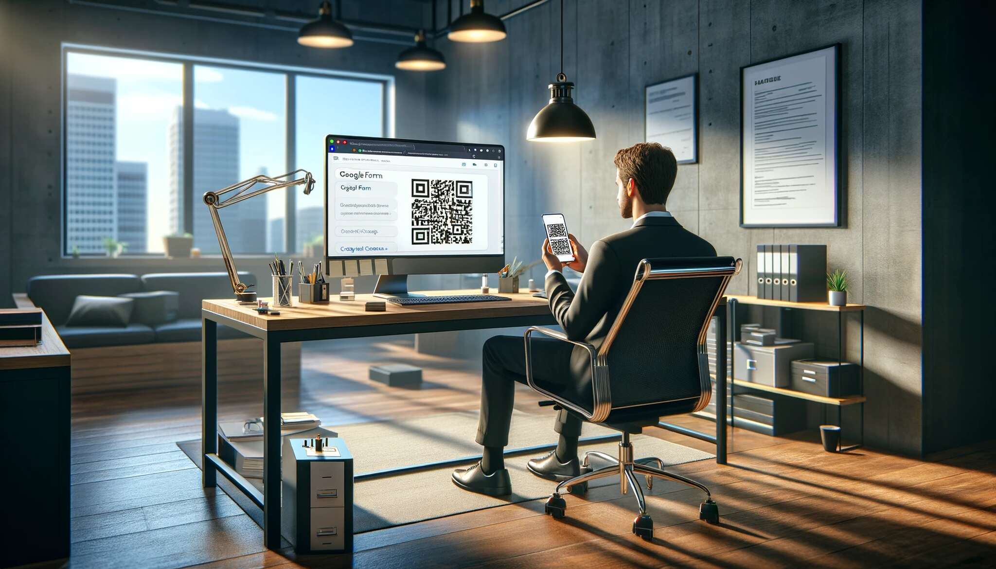 A man at office creating a QR code and checking his phone