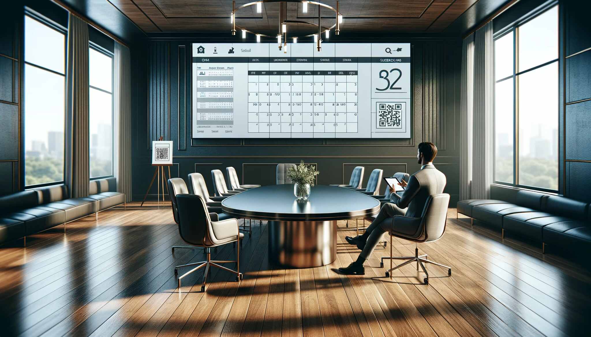 A man in a meeting room with a calendar on the wall and a QR code