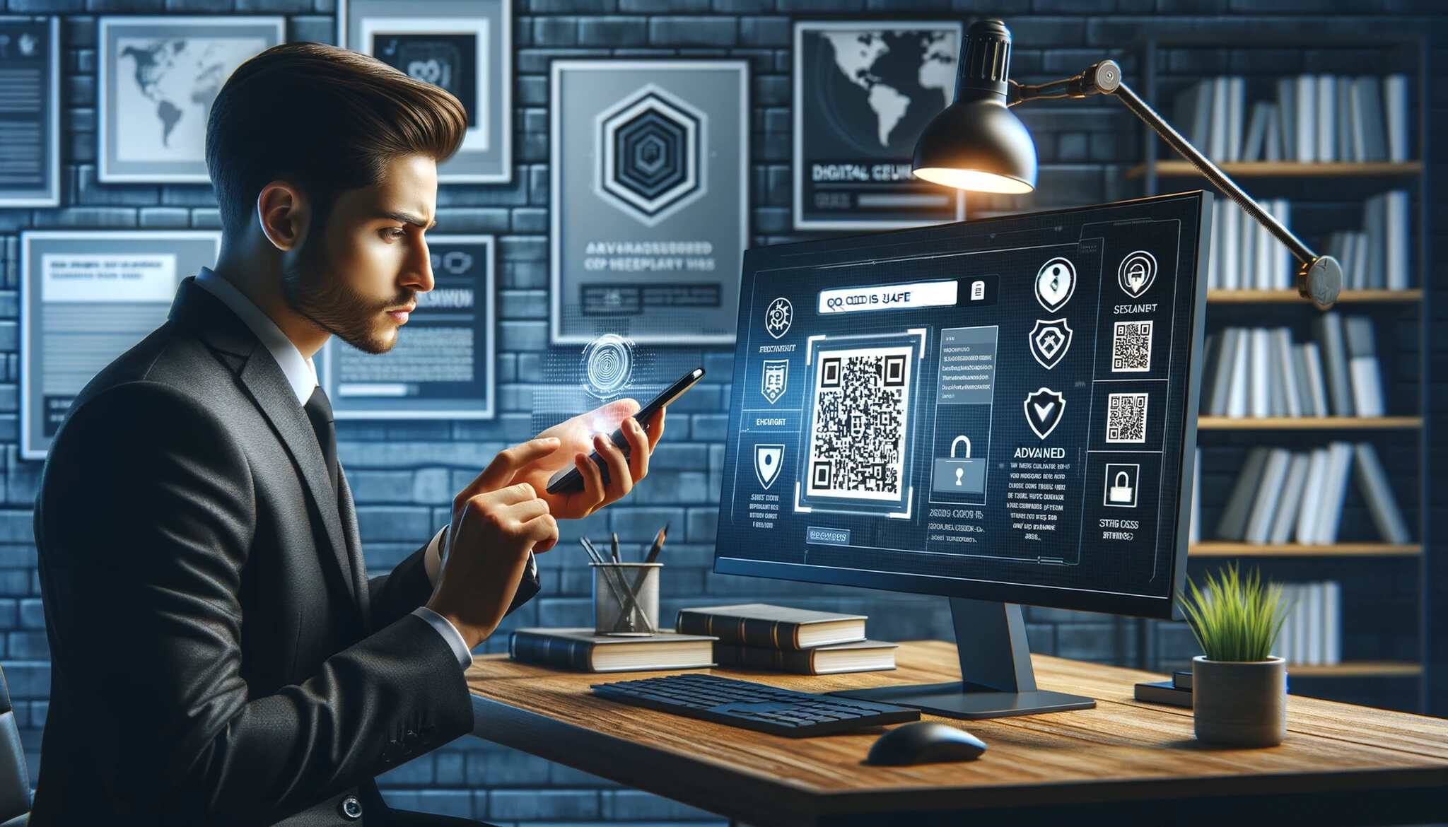 A man scanning a QR code with a smartphone and security icons on a monitor screen