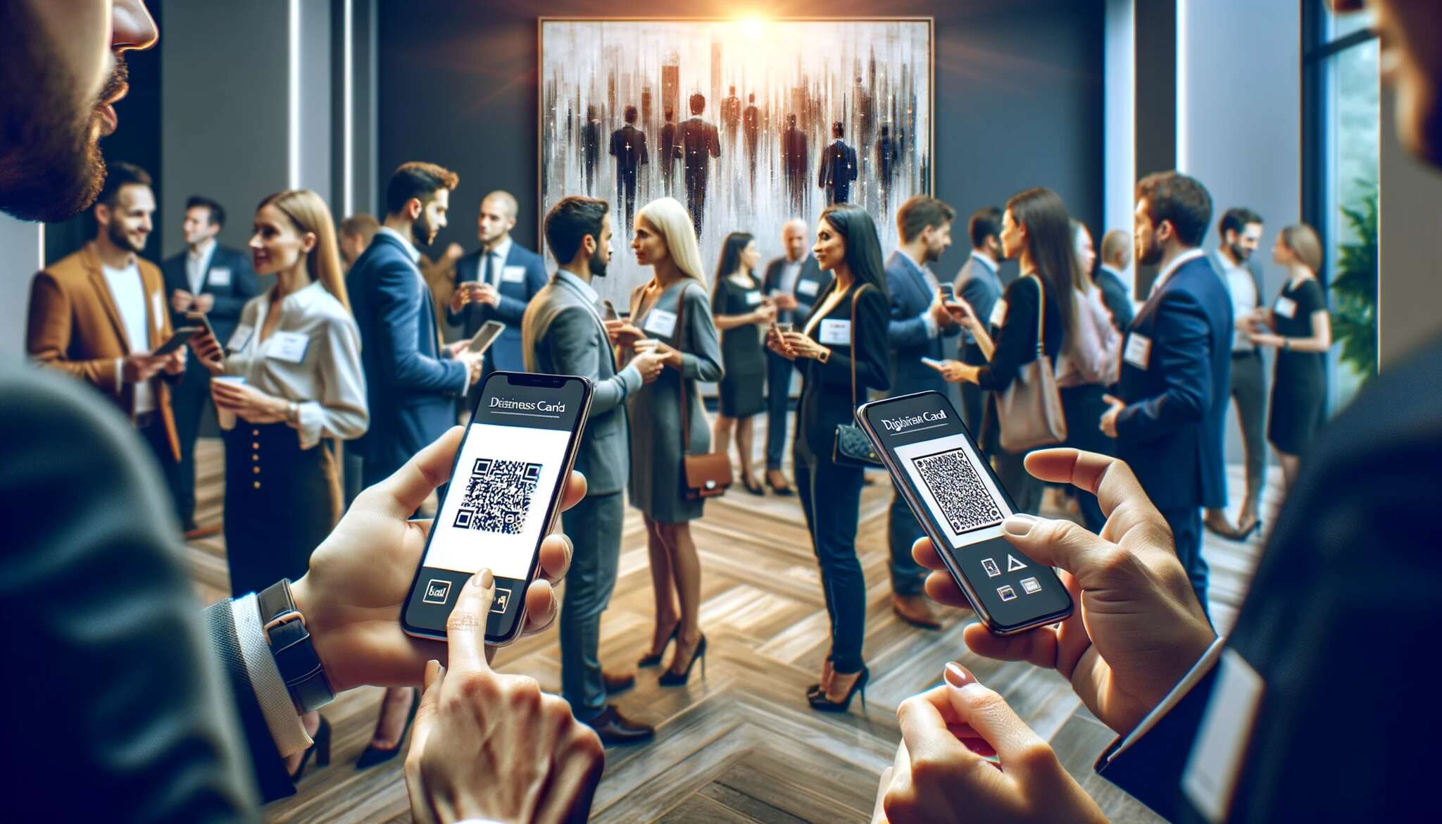 A networking event with professionals engaging in conversation while holding smartphones that show digital business cards