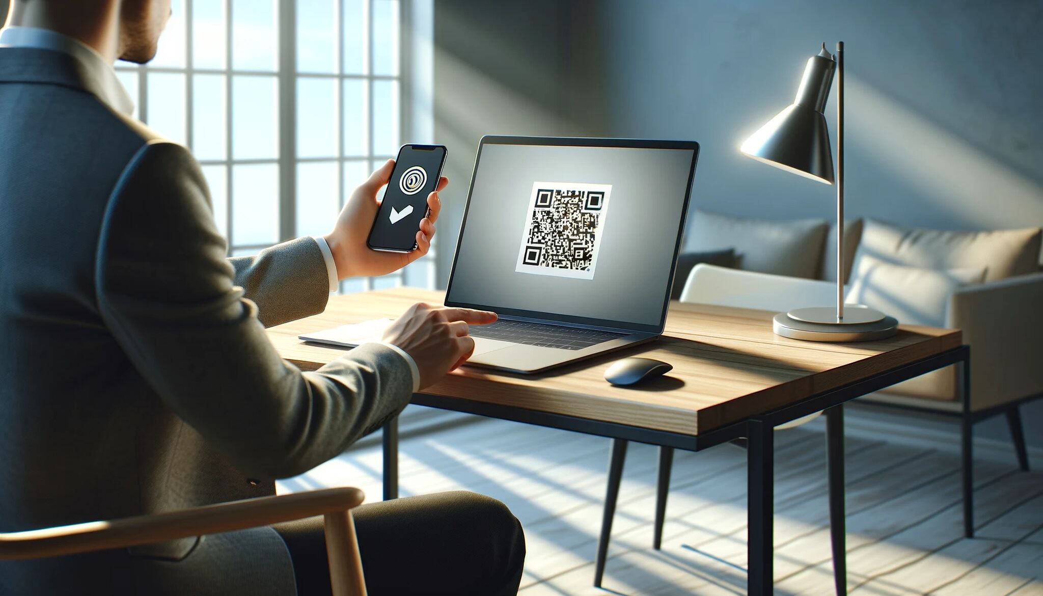 A person interacting with a square space QR code using phone and laptop