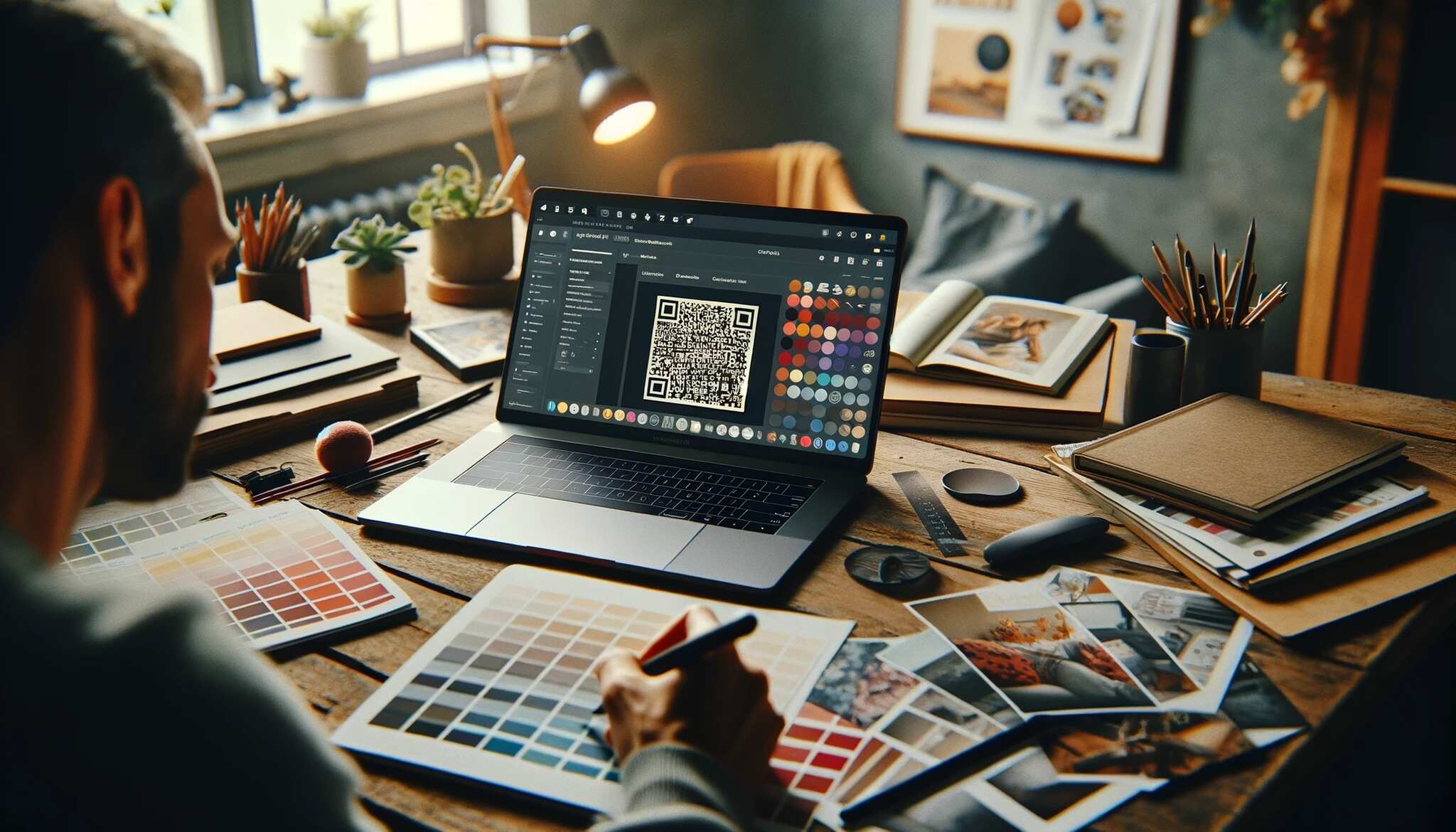 An over-the-shoulder view of a person using a laptop placed on a wooden desk, surrounded by design inspiration materials and QR code on laptop screen