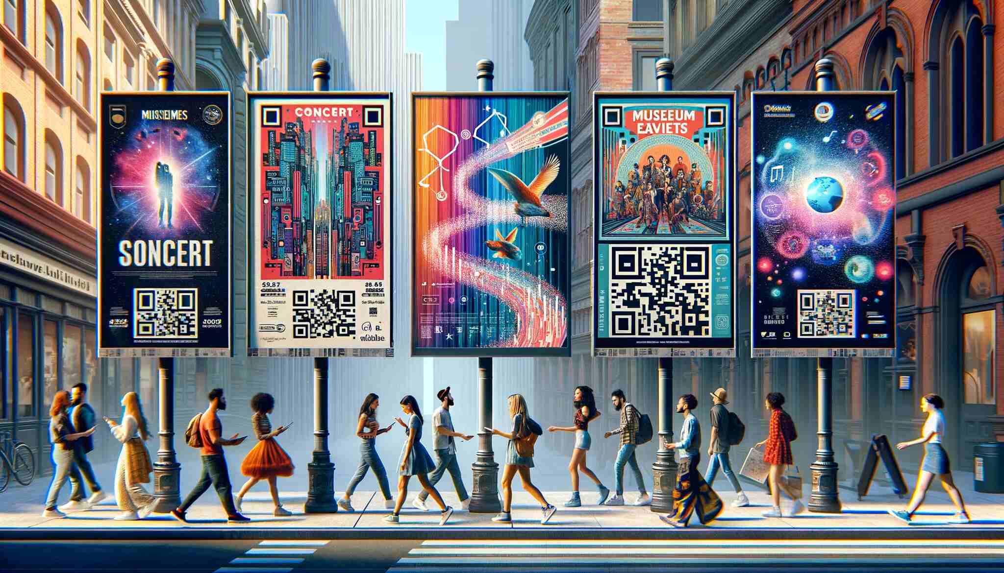 A street with posters that include QR codes and people walking