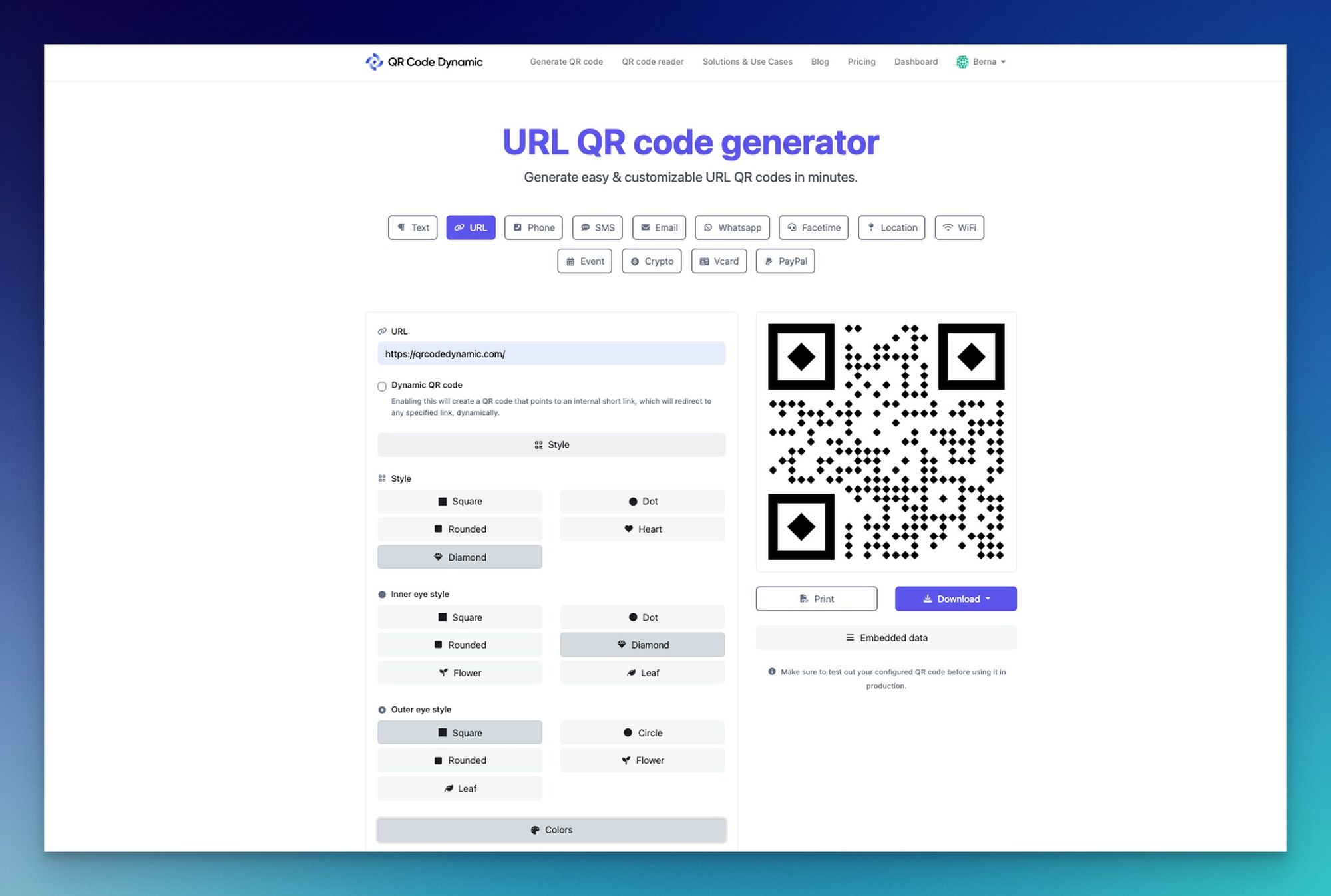a screenshot of adjusting style of a QR code on QRCodeDynamic