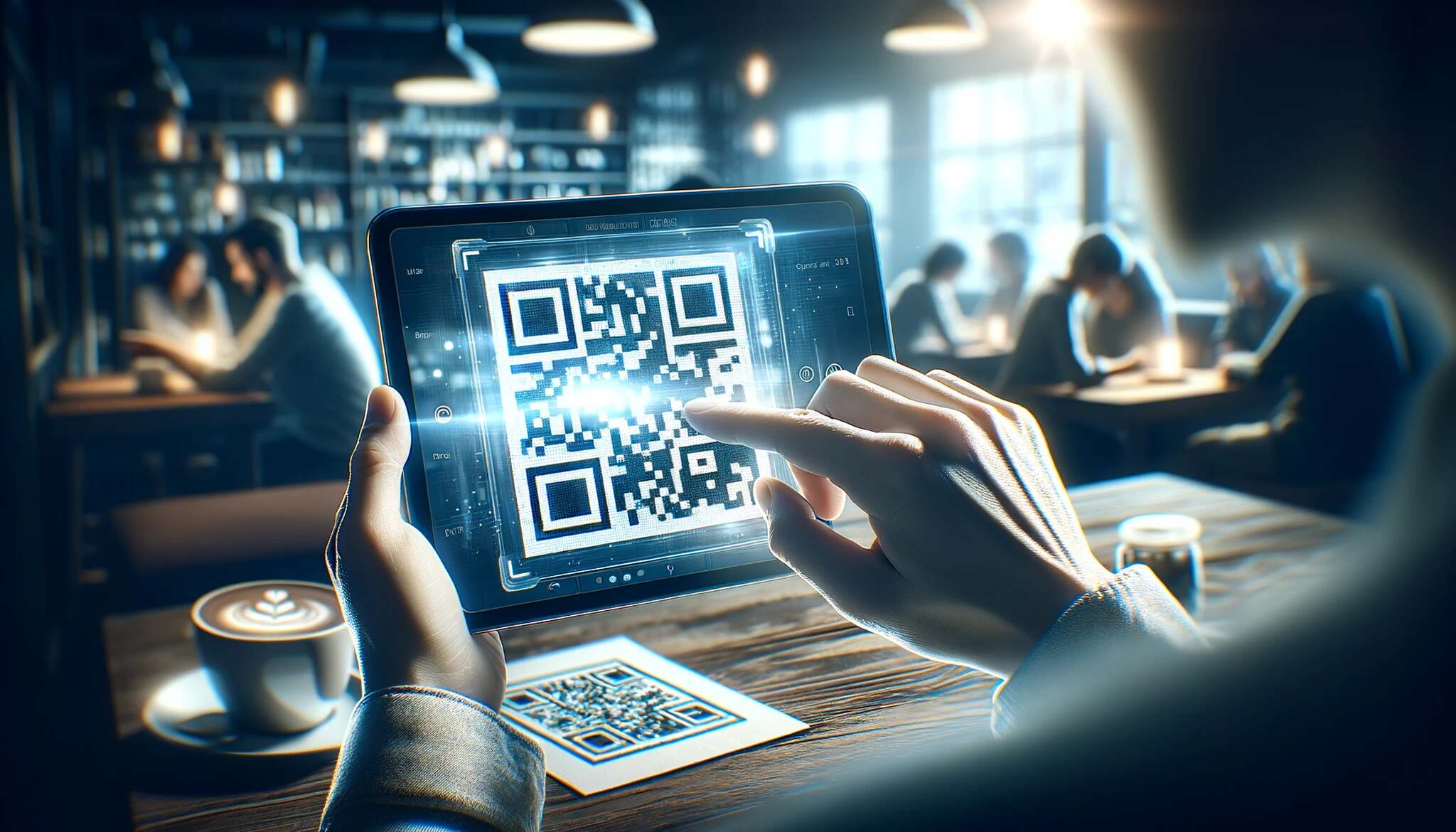 An illustration of a person using iPad to scan a QR code on a table