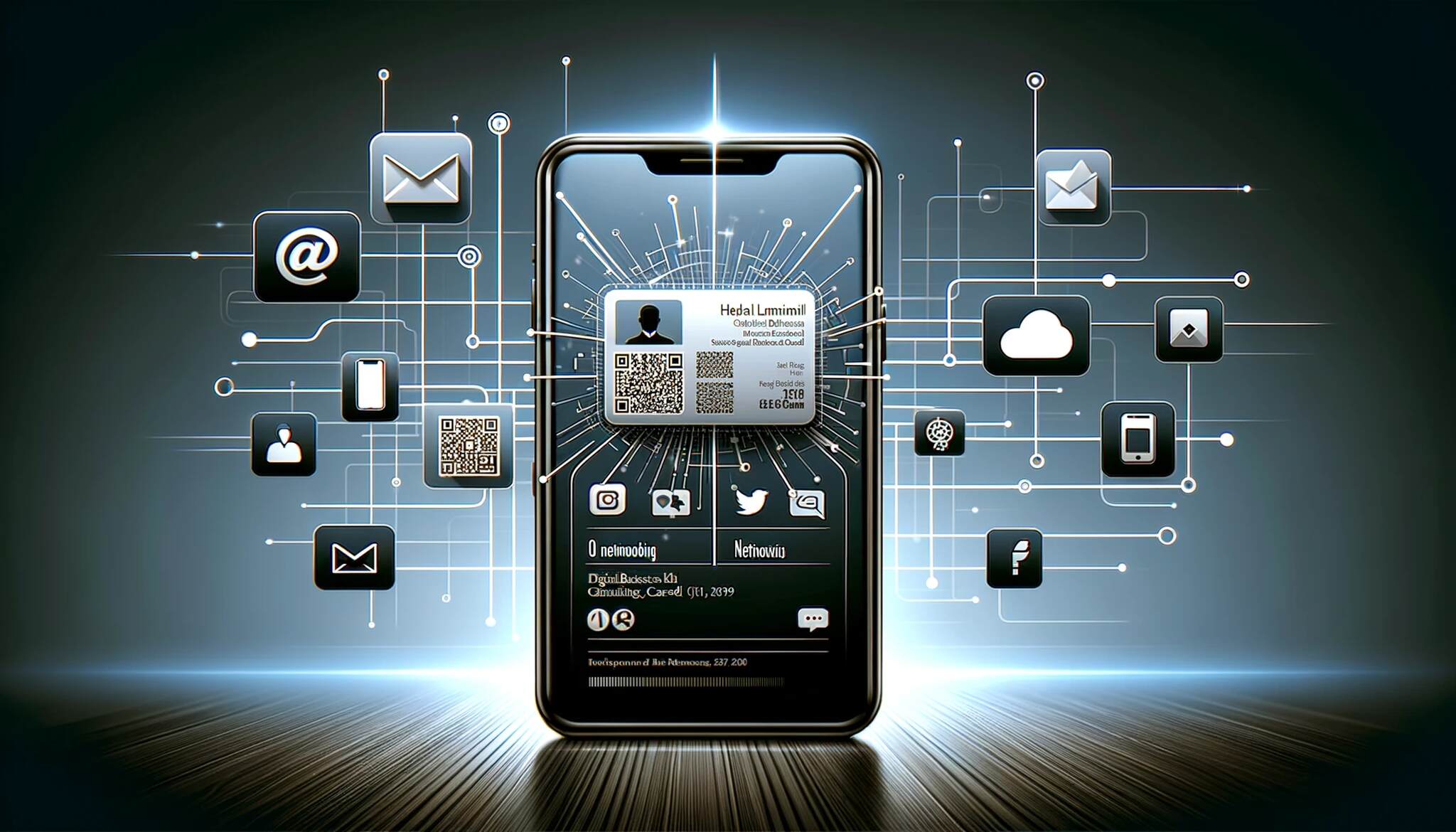 An illustration of a phone displaying a digital business card with a QR code and various icons around it