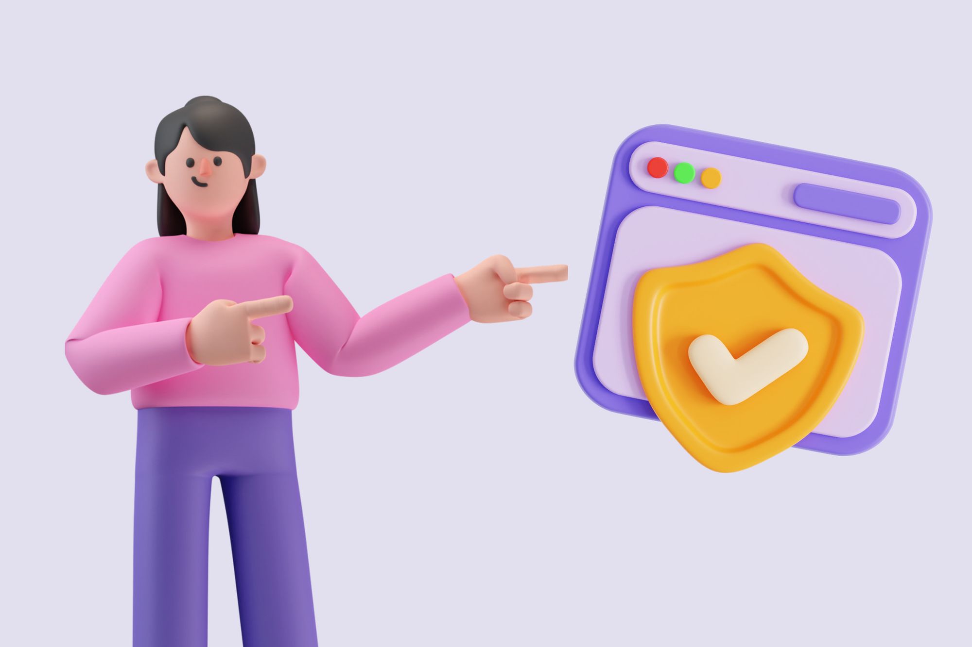 an illustration of a woman smiling and showing a security icon on a website
