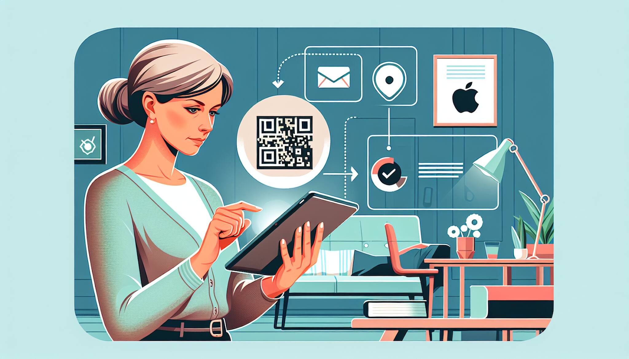 an illustration of a woman using iPad and QR code