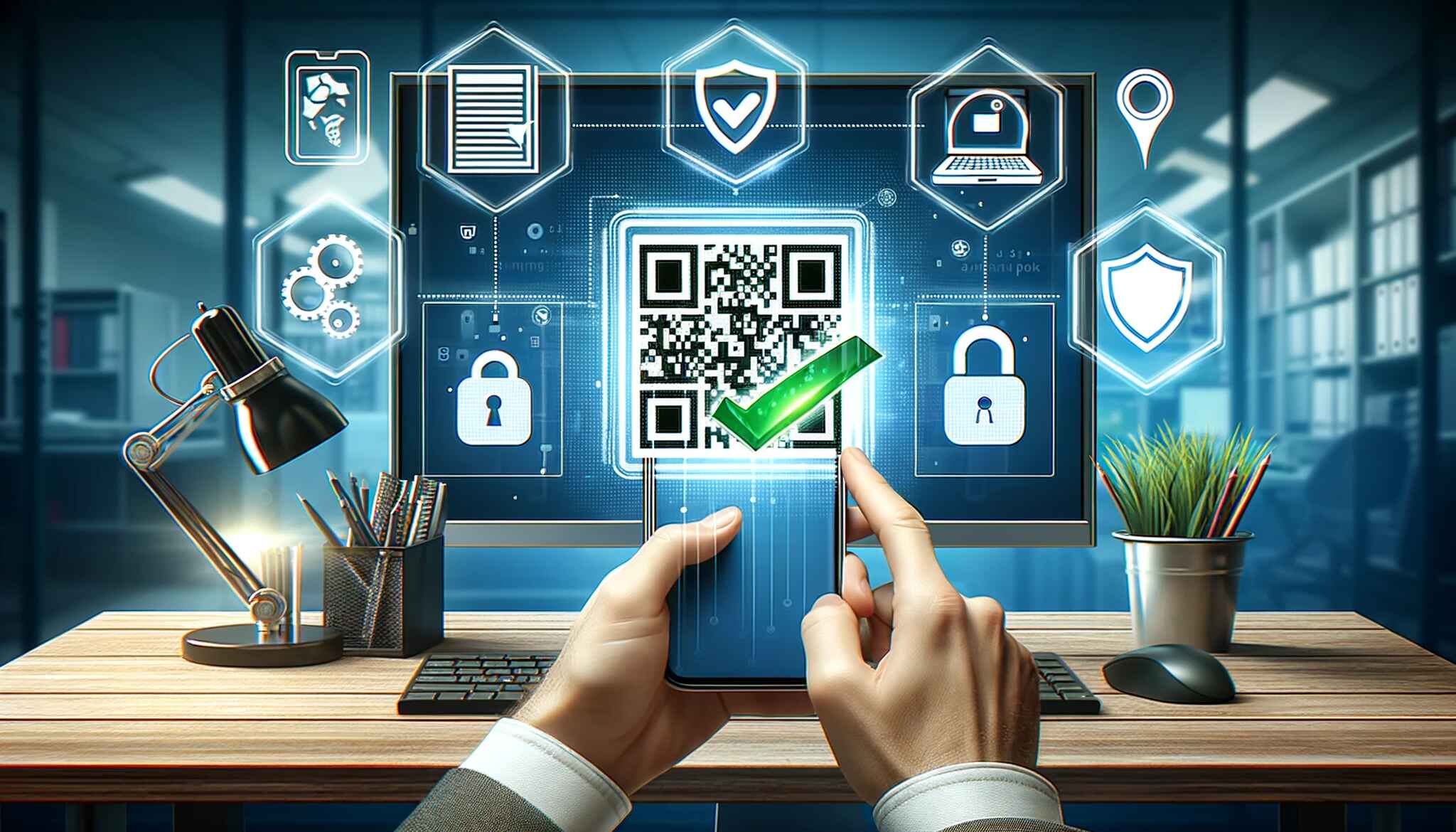 An illustration depicting the process of checking the safety of a QR code along with security icons