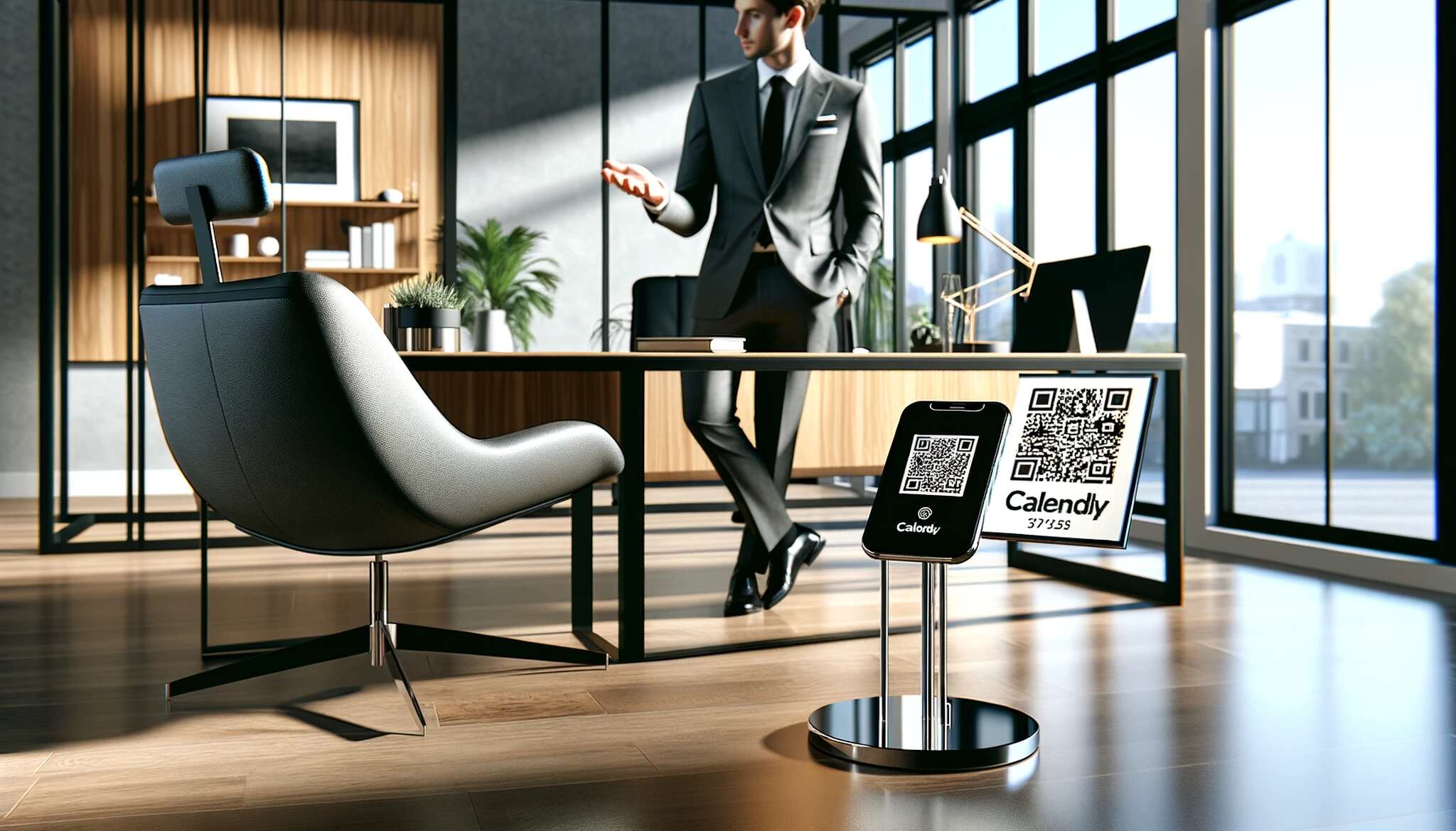An office space with a man in suit and a Calendly QR code