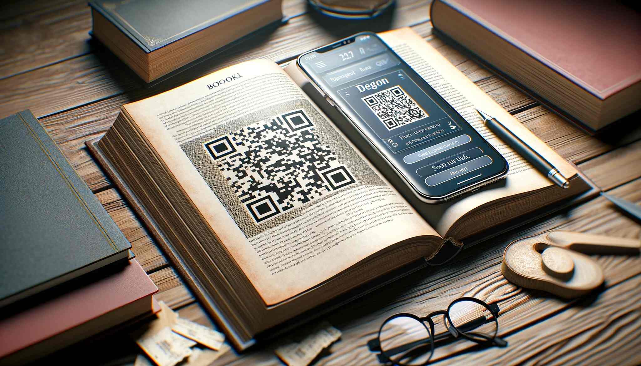 An open book that includes a QR code lying on a wooden table