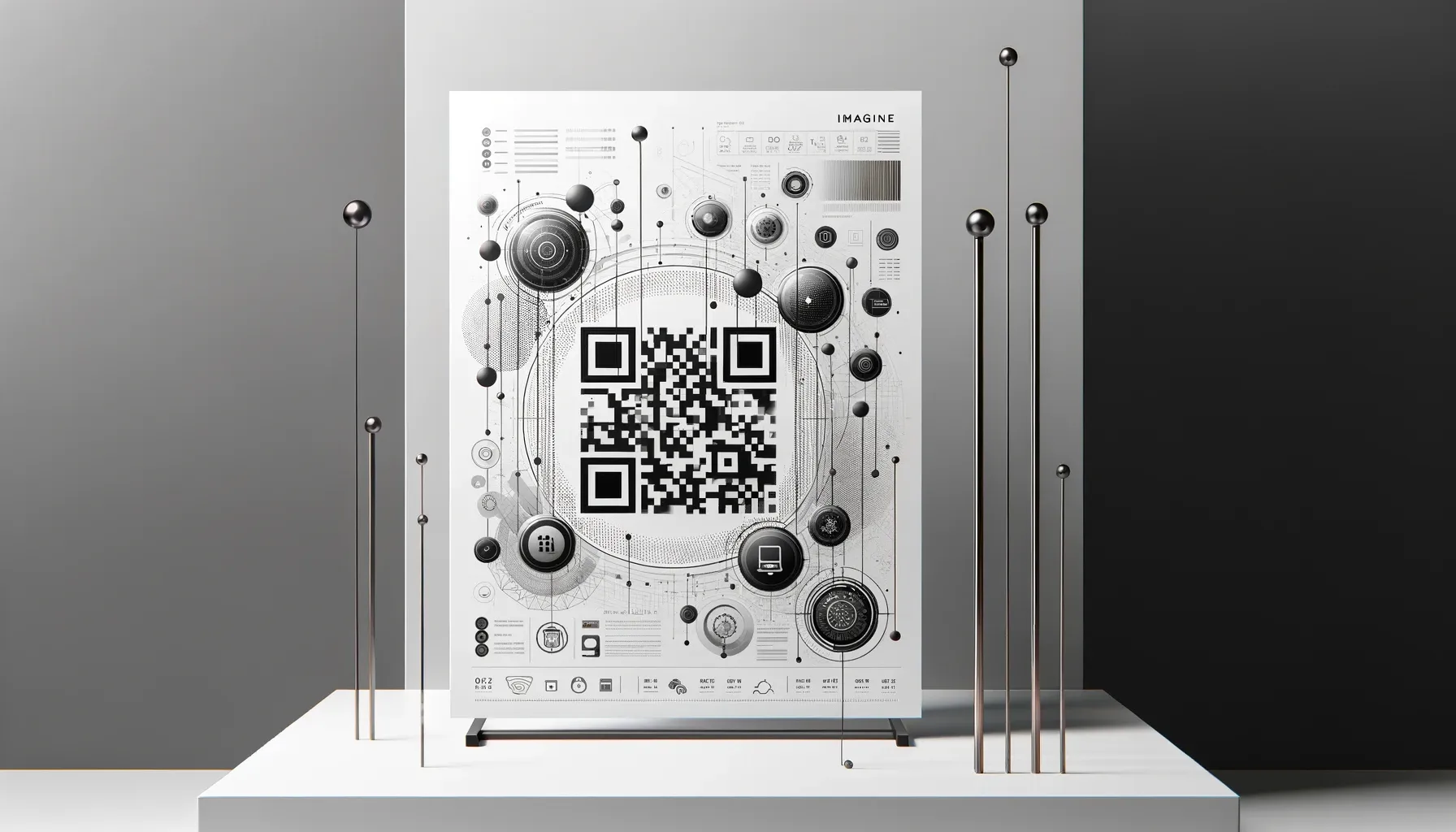 Black and white image of a poster that includes a QR code and abstract illustrations