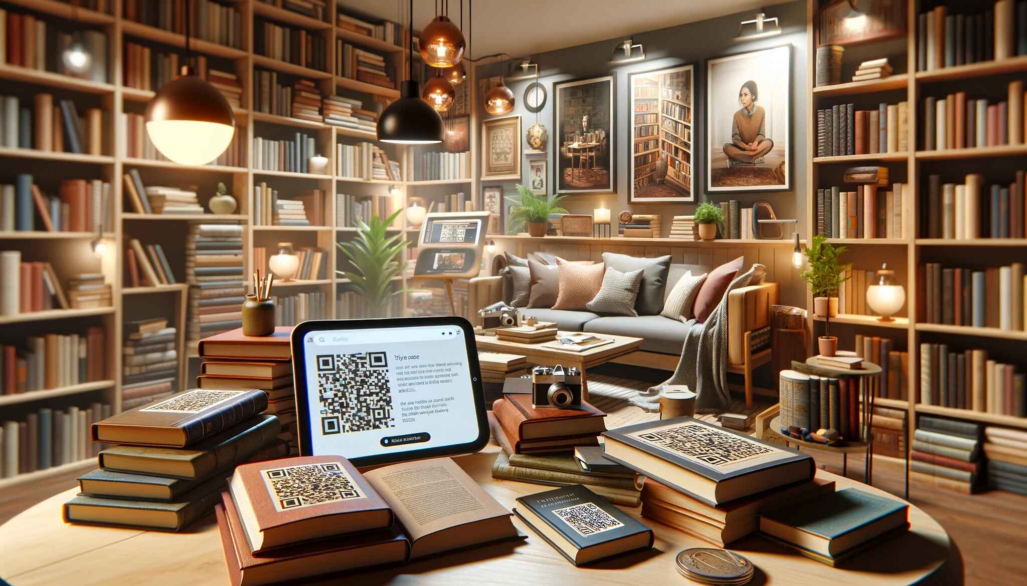 Cozy reading room with various books with QR codes