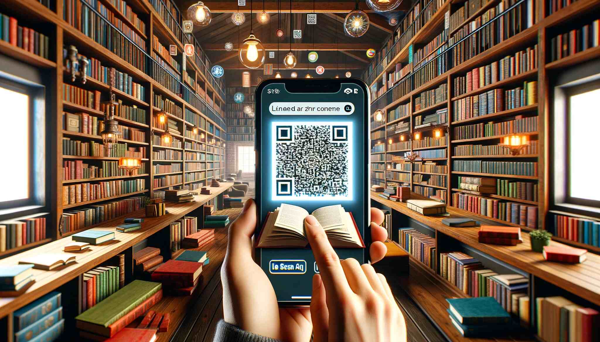 Cozy library with various books and a phone displaying a QR code for book