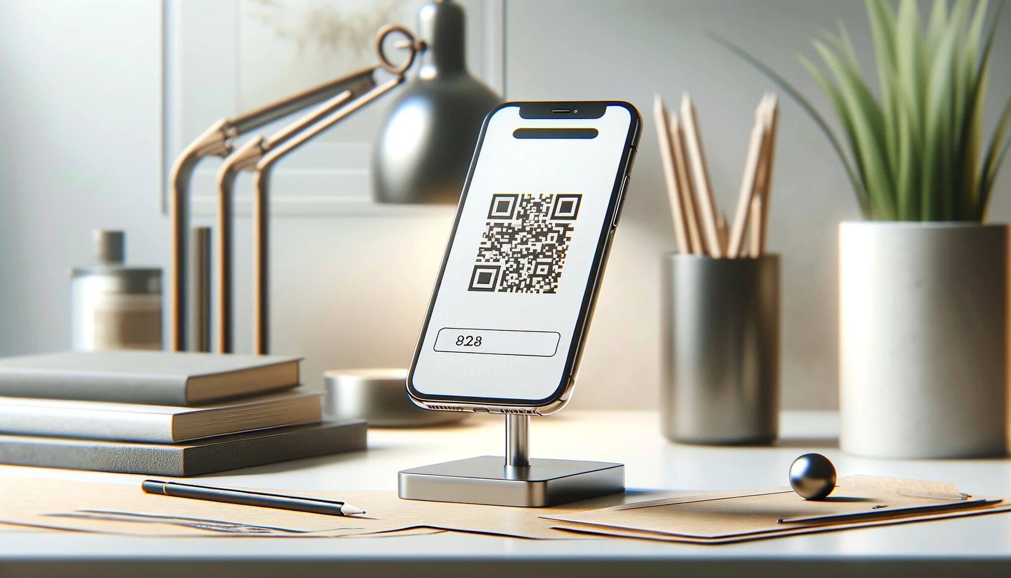 minimalist desk setup with a smartphone on a stand, displaying a QR code on screen
