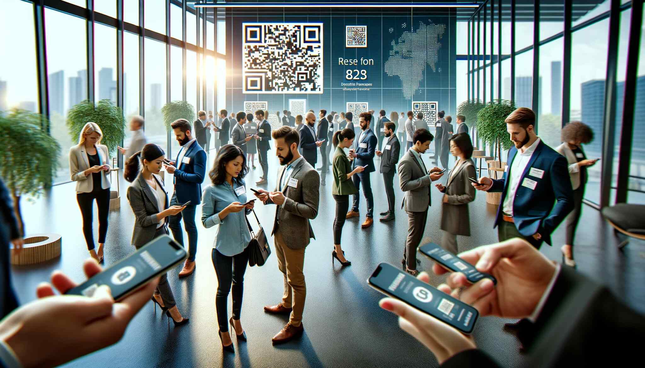 A networking event where professionals are exchanging digital business cards using their smartphones