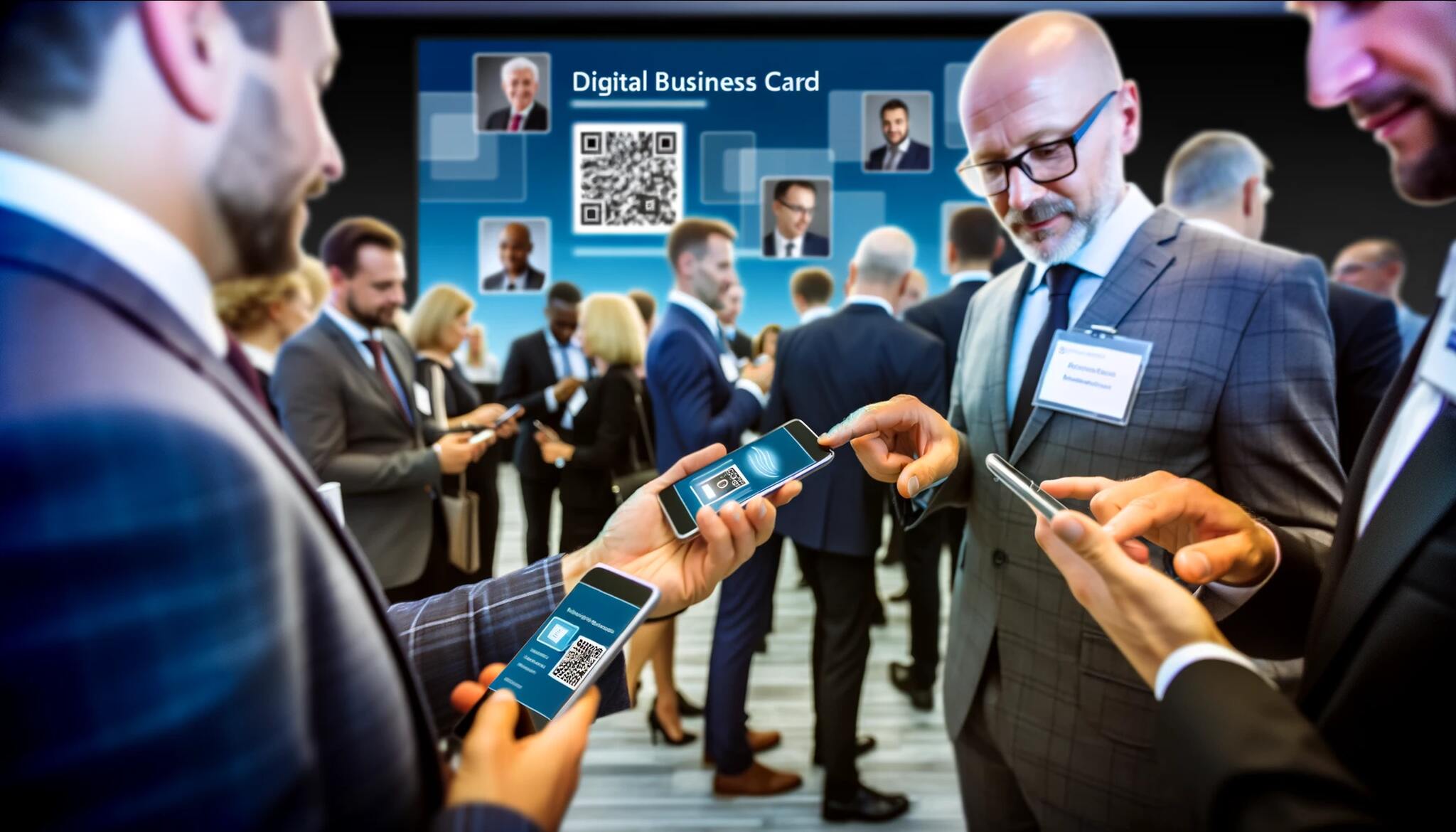  A networking event with professionals mingling and sharing digital business cards using their smartphones