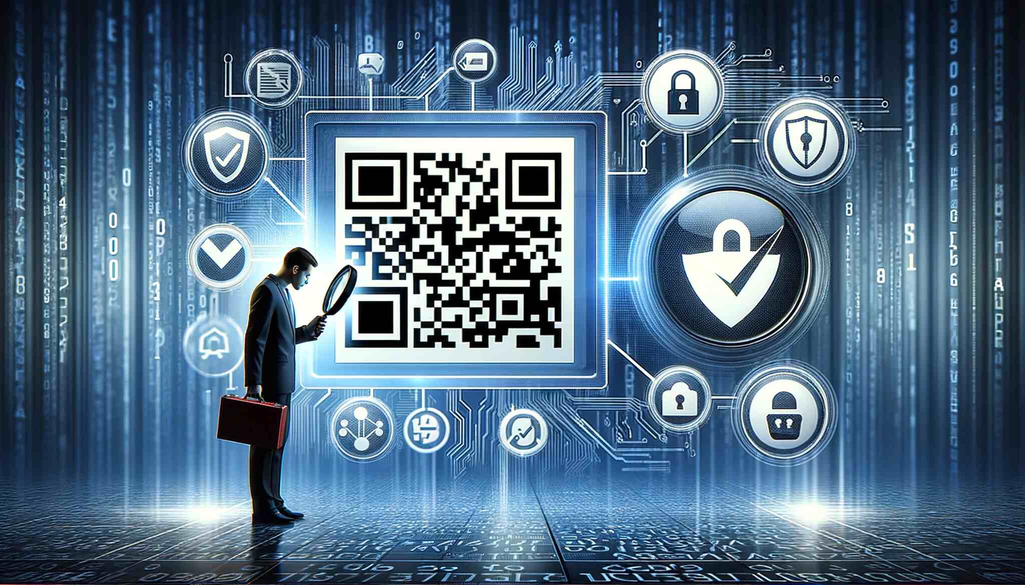 person examining a QR code closely with a magnifying glass, surrounded by digital icons representing security features