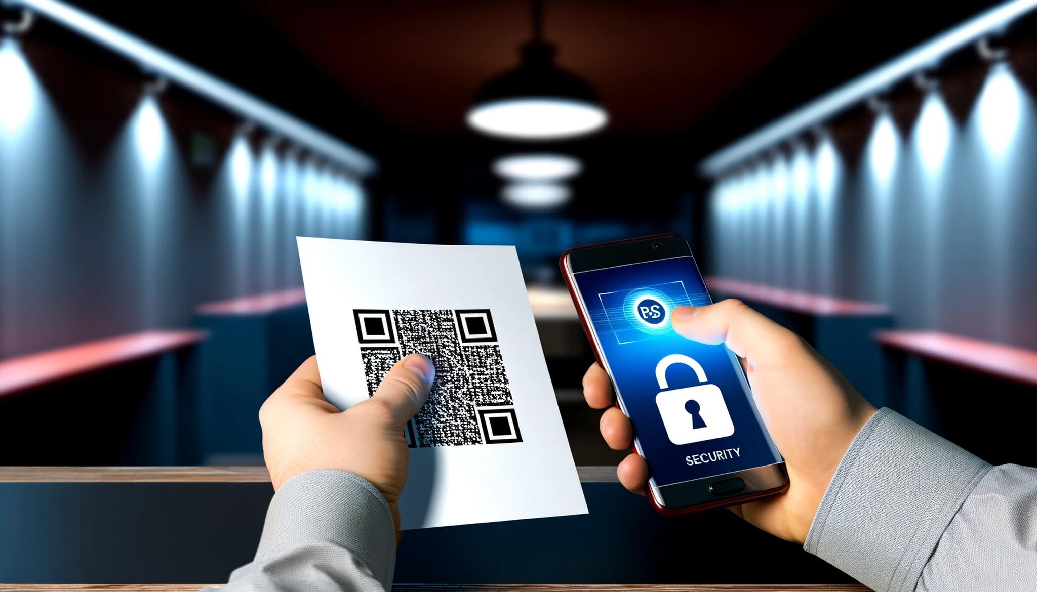 person's hands holding a smartphone, and a paper showing a QR code