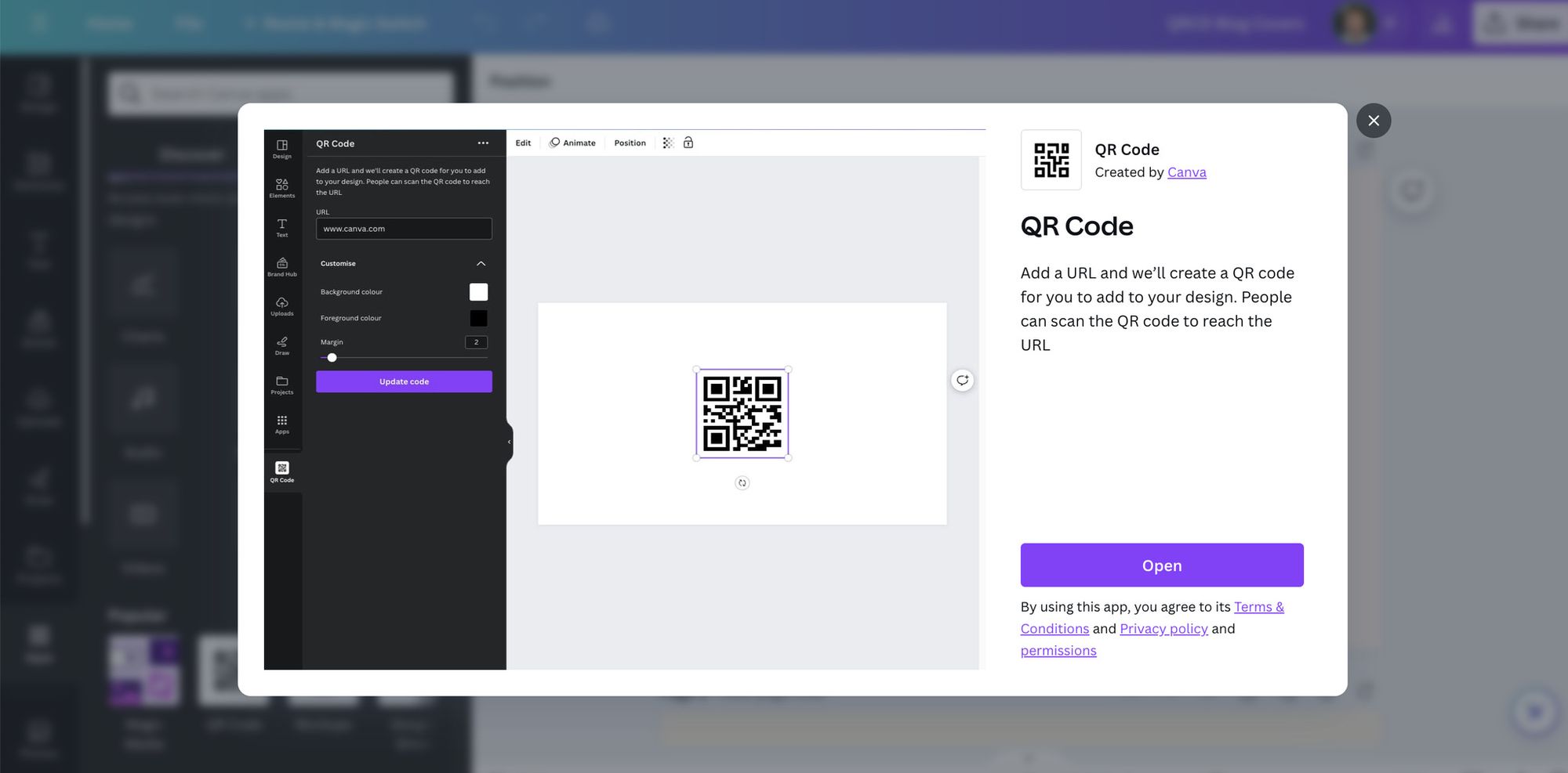 QR code app preview on Canva