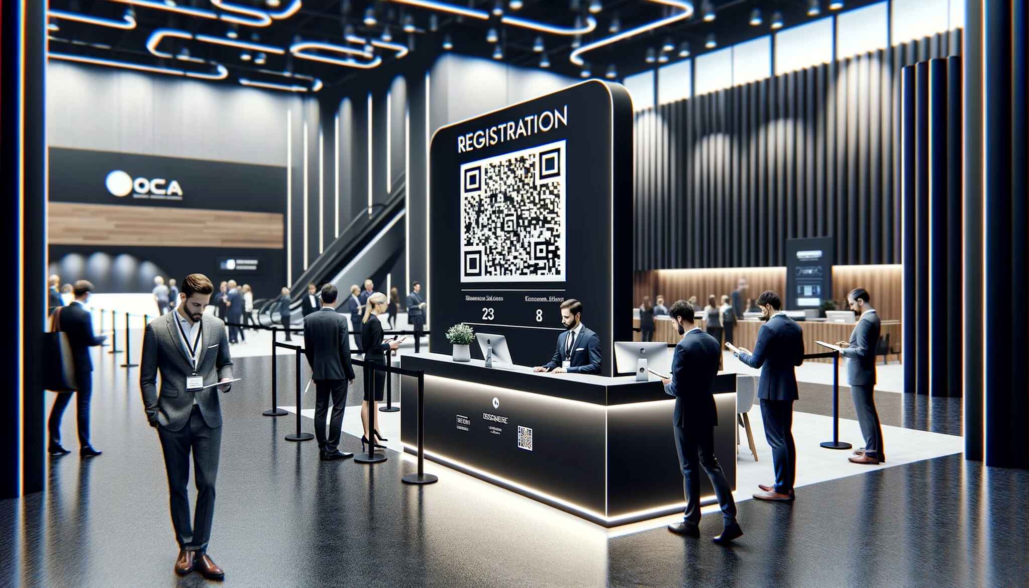 registration desk at a professional event, with a large QR code 