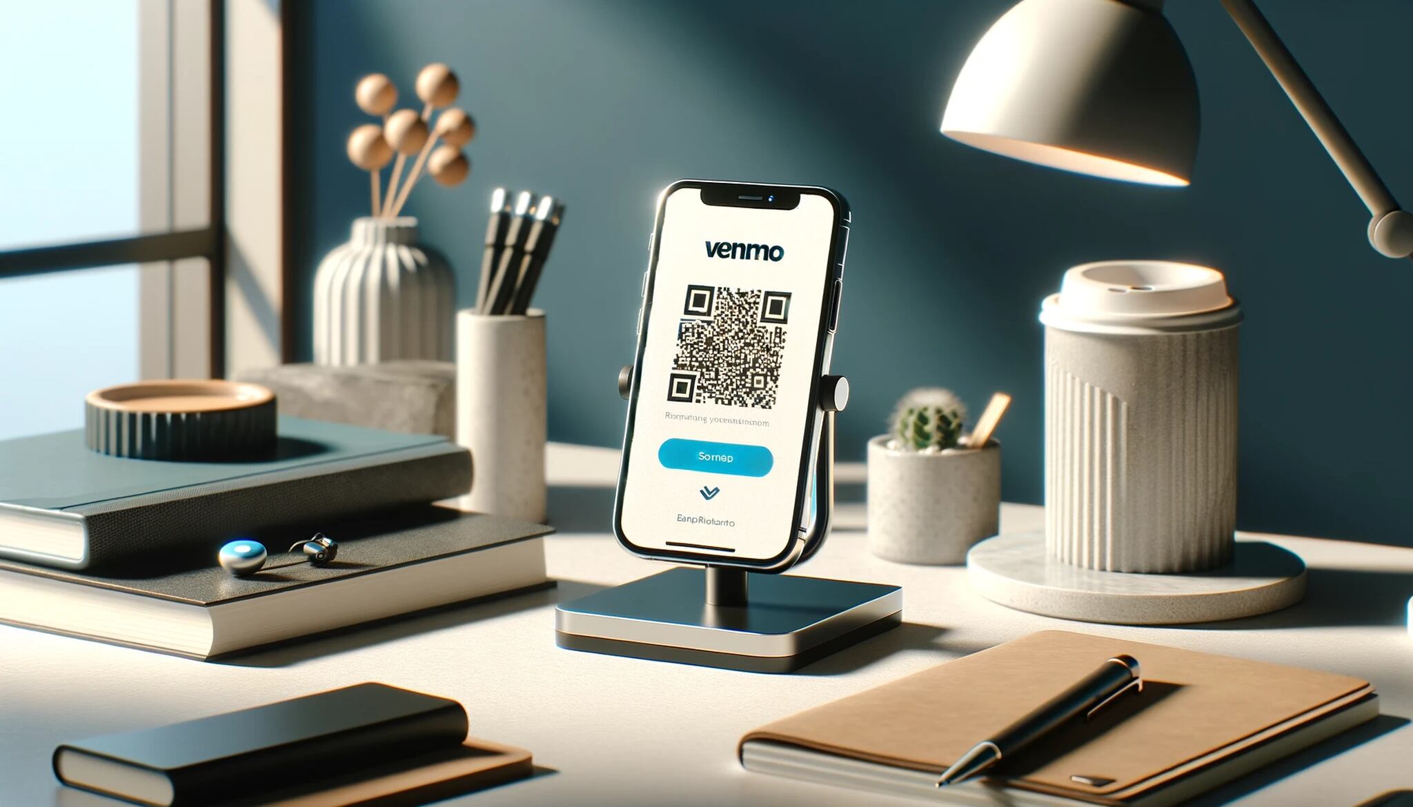 A smartphone resting on a minimalist stand and the screen displays a Venmo QR code