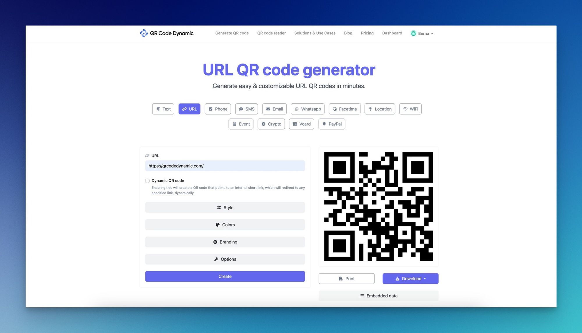 a screenshot of URL QR code generator of QRCodeDynamic