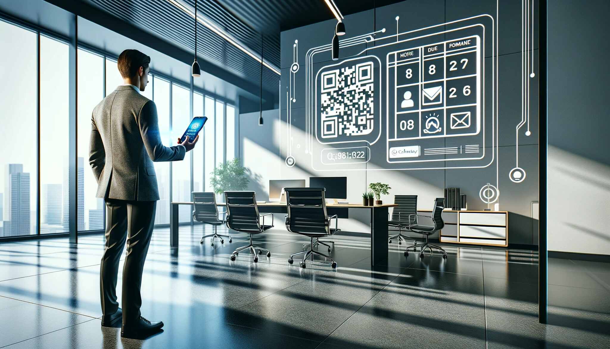 wall showing a calendar interface with QR code, and a man checking his phone