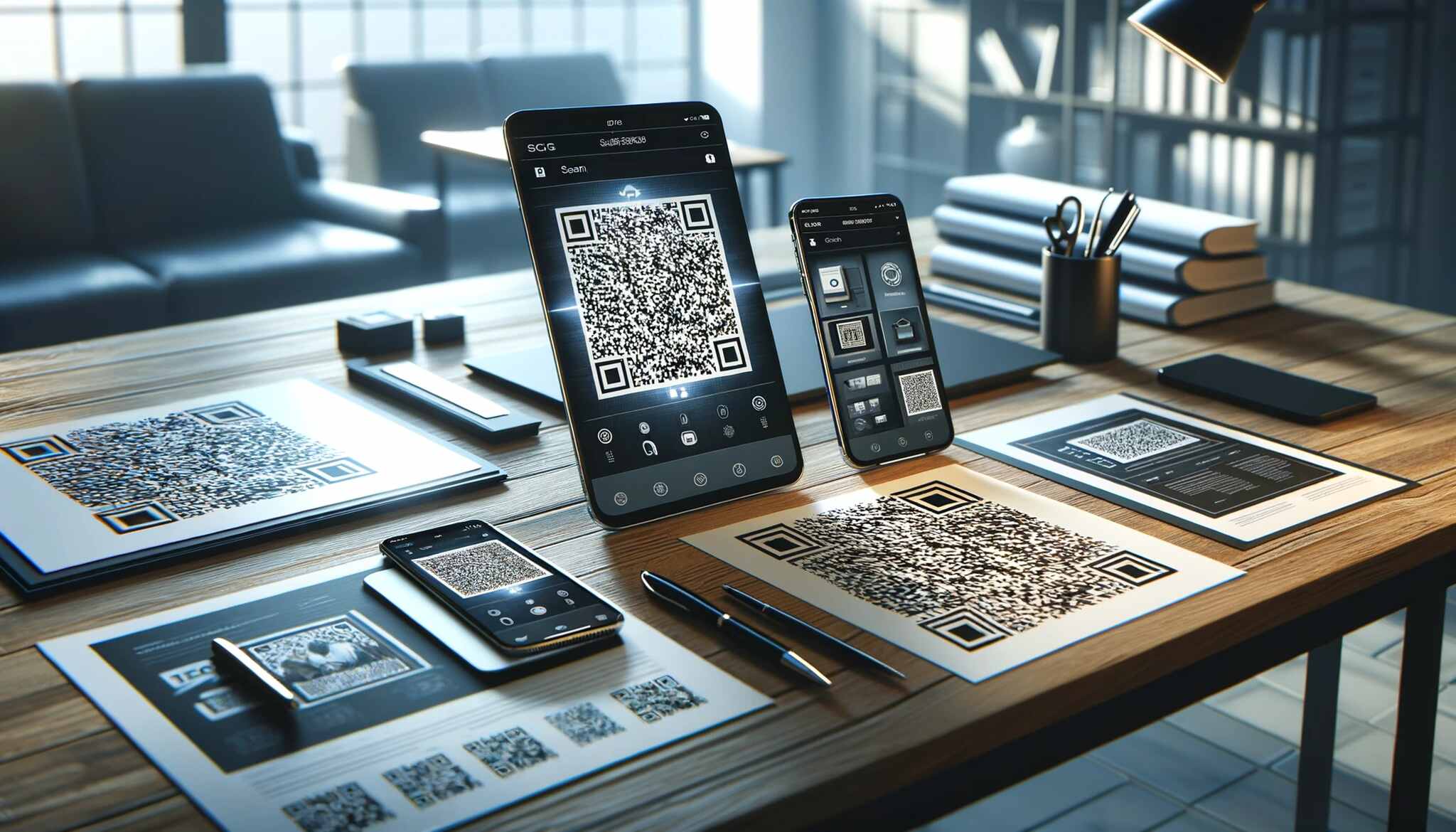 wide desk featuring a smartphone, a tablet, and printed materials, arranged for a QR Code testing