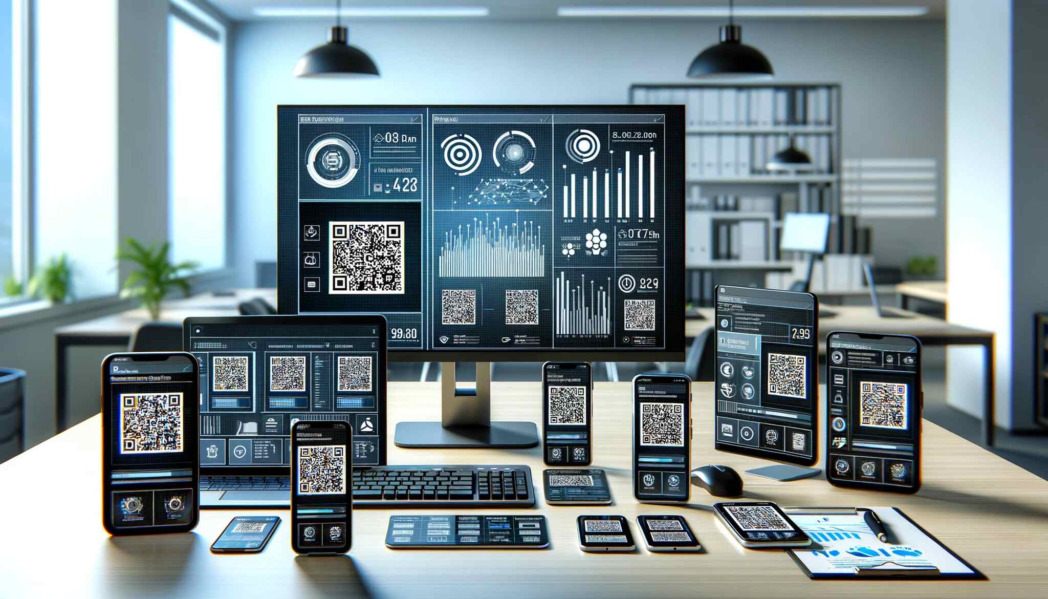 modern workspace setting focused on QR Code testing with various devices