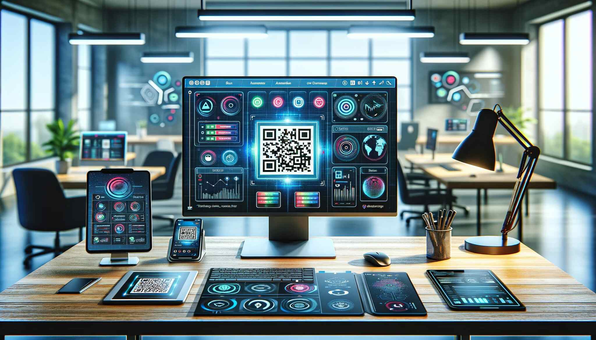 modern workspace with a large monitor on a desk, displaying a software interface dedicated to QR Code testing