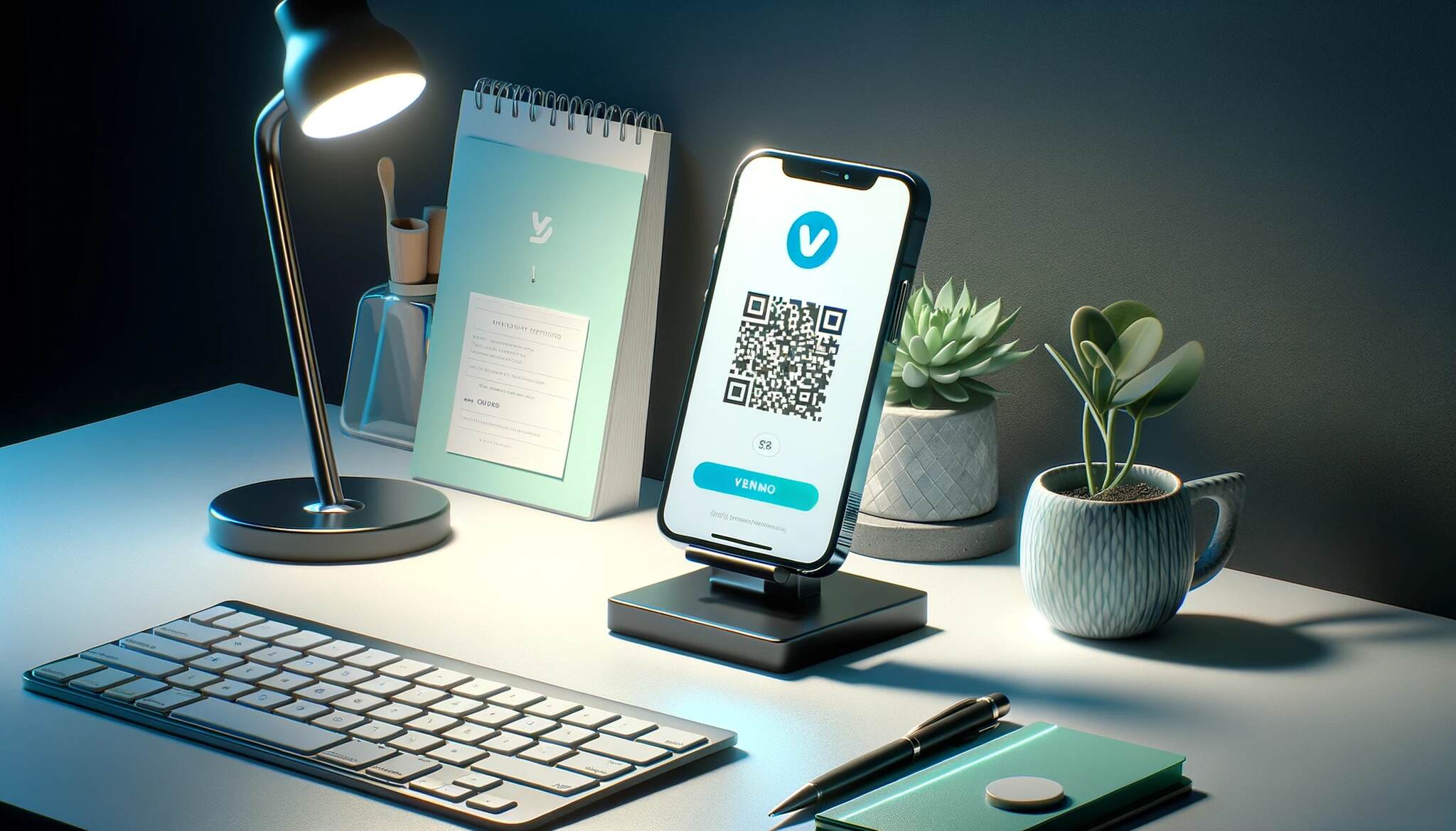 modern workspace featuring a smartphone on a sleek stand with its screen showing a simple Venmo QR code