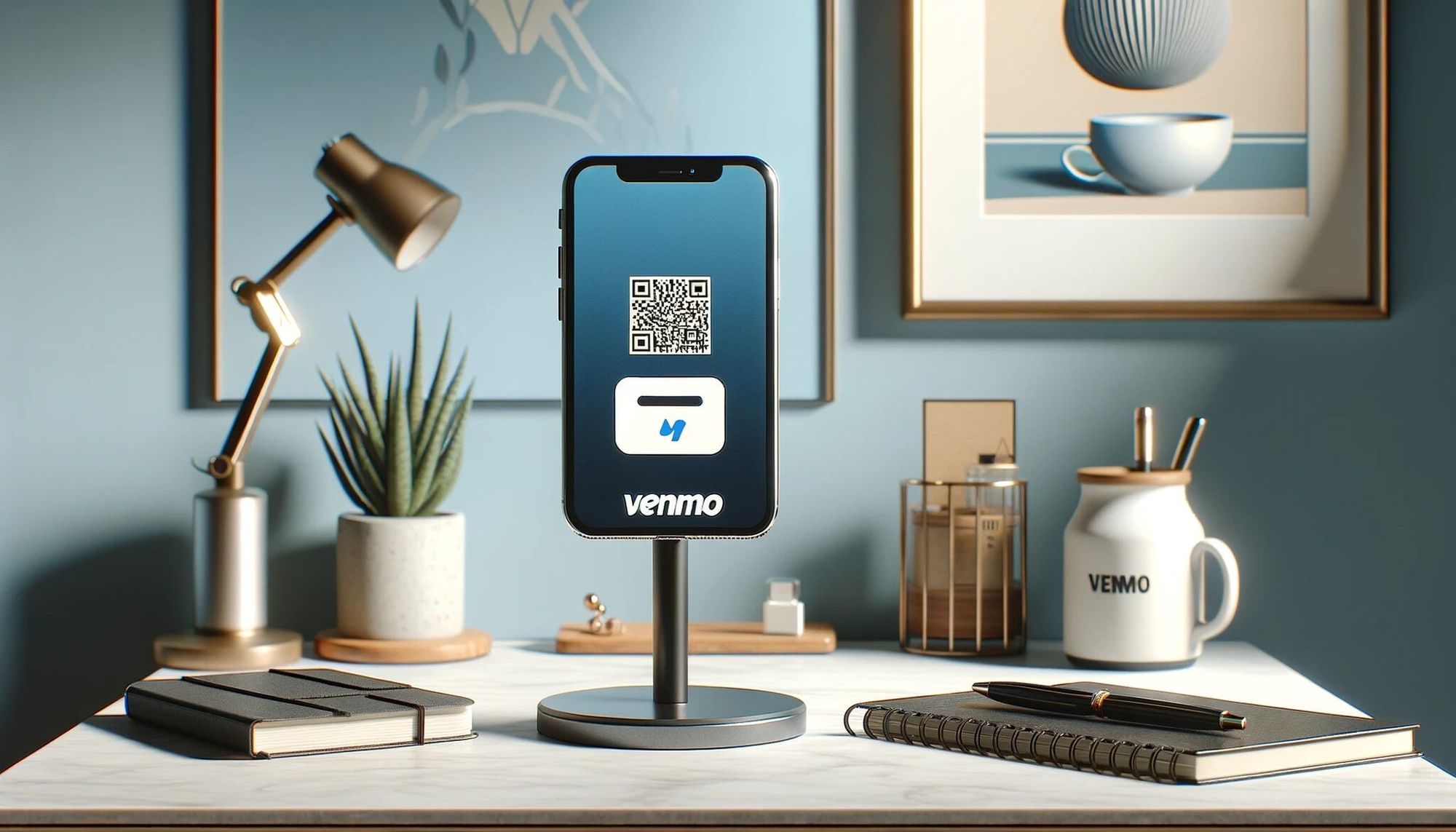 workspace with a smartphone on a sleek stand displaying a Venmo QR code