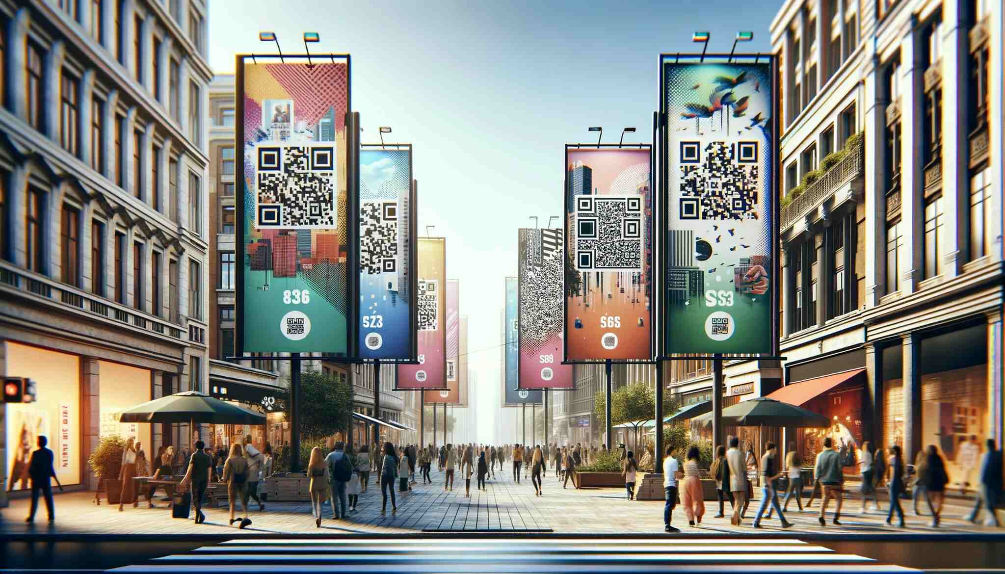a busy street scene with multiple banners displaying QR codes