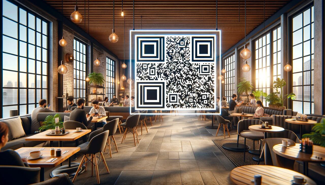 A cafe with a QR code that has a frame 
