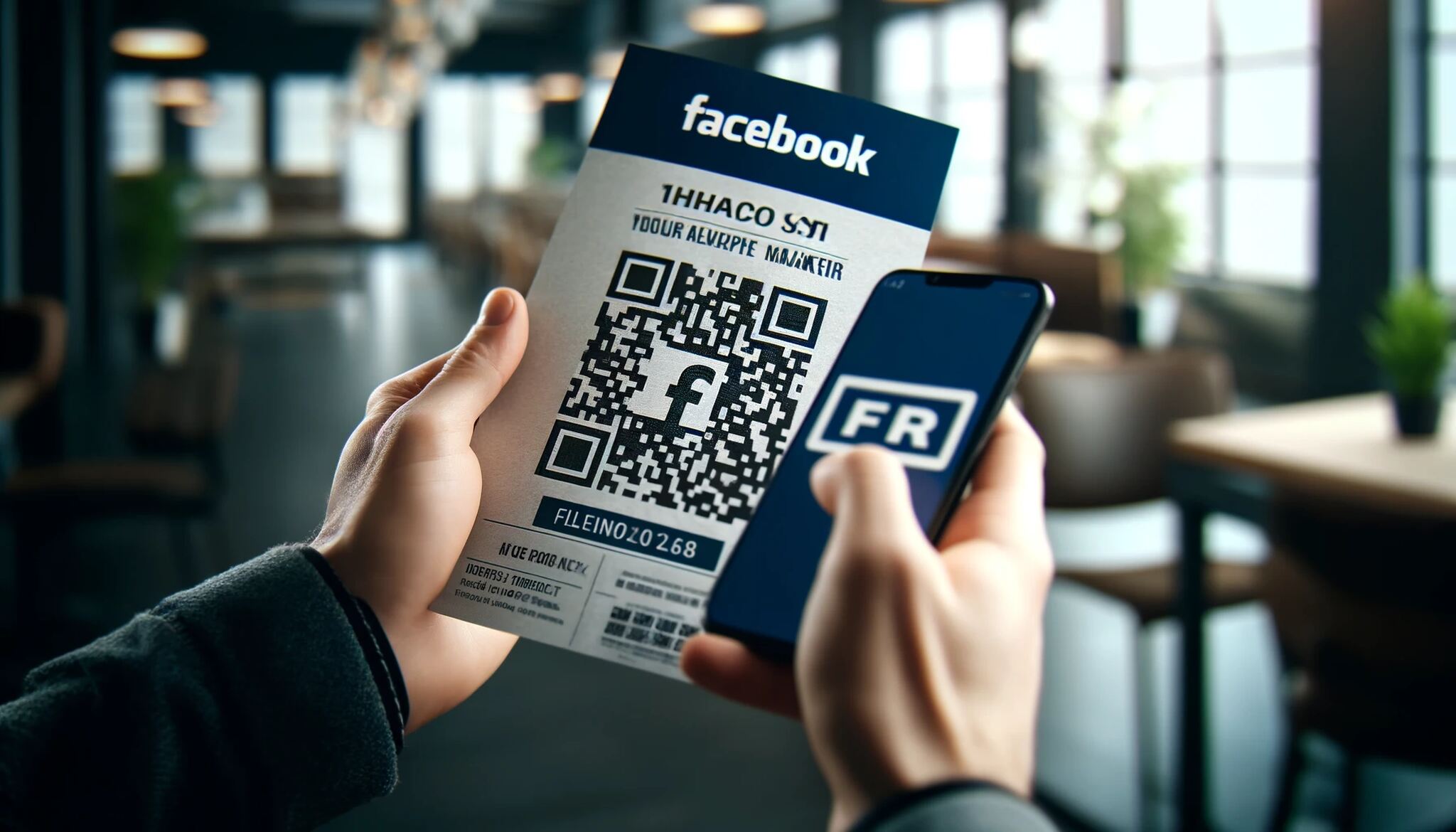 A close-up scene of a person's hand holding a smartphone, scanning a Facebook QR code on a printed flyer