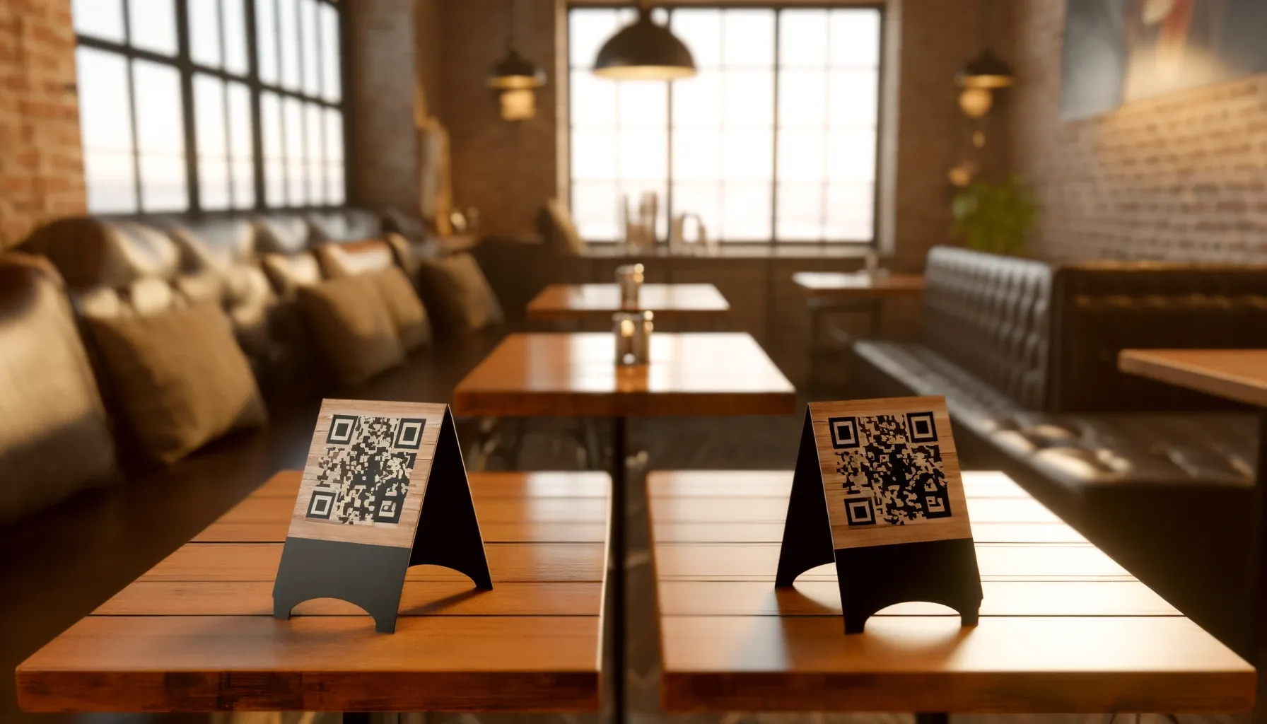 a cozy cafe interior with wooden tables and QR code table tents