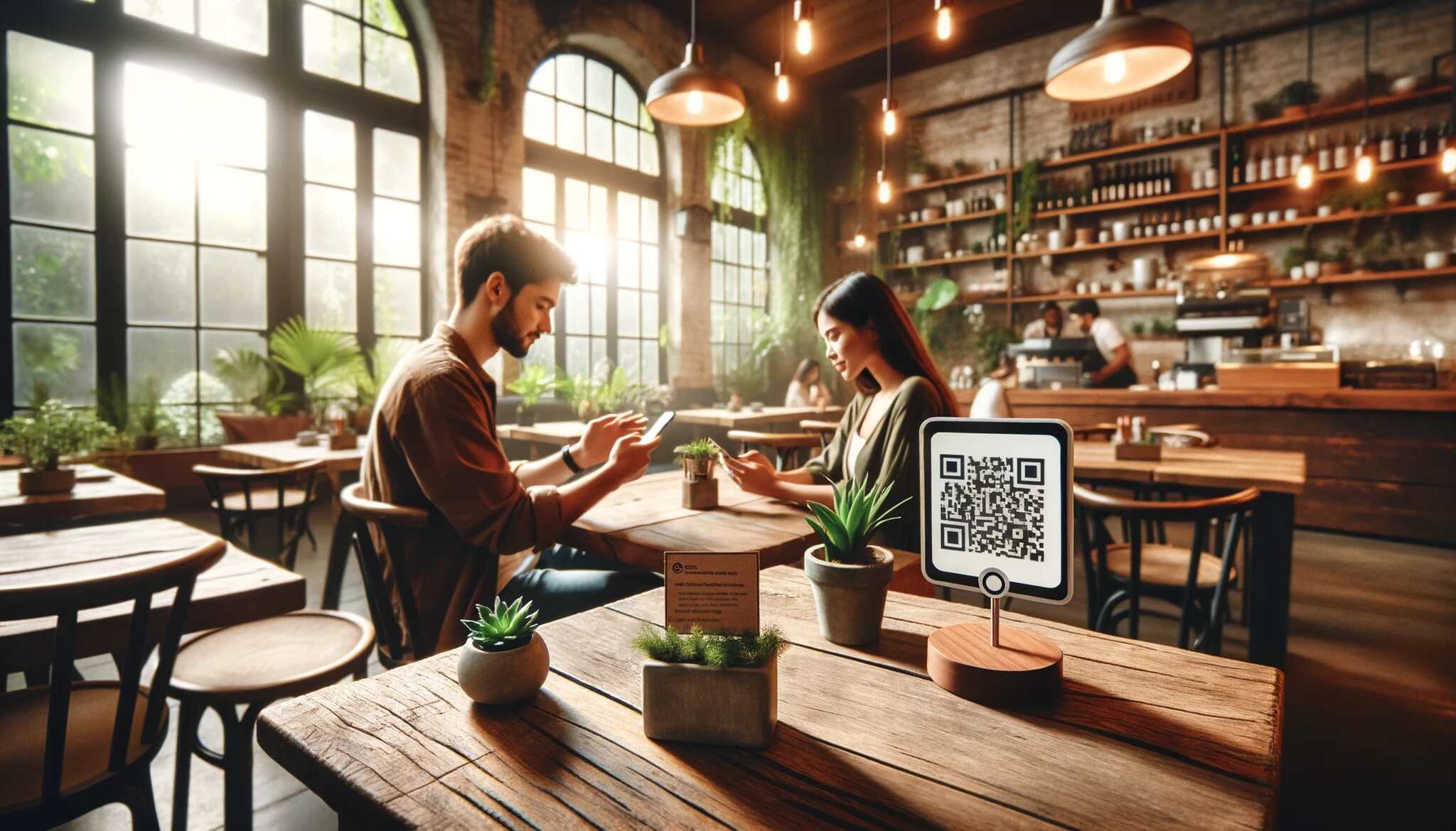 a cozy hotel cafe QR code on the table and two people checking their phones