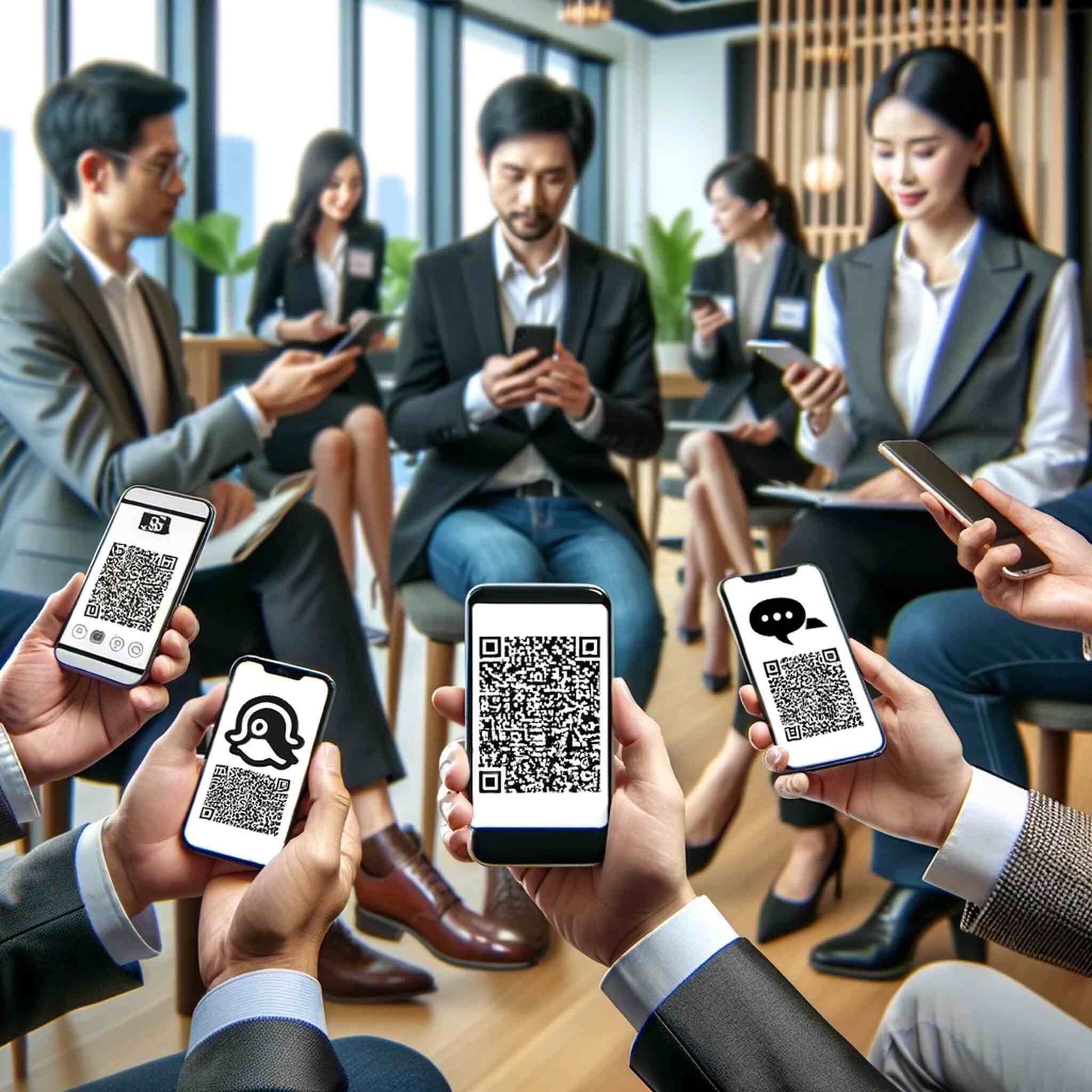 A group of people sharing their WeChat QR codes and networking