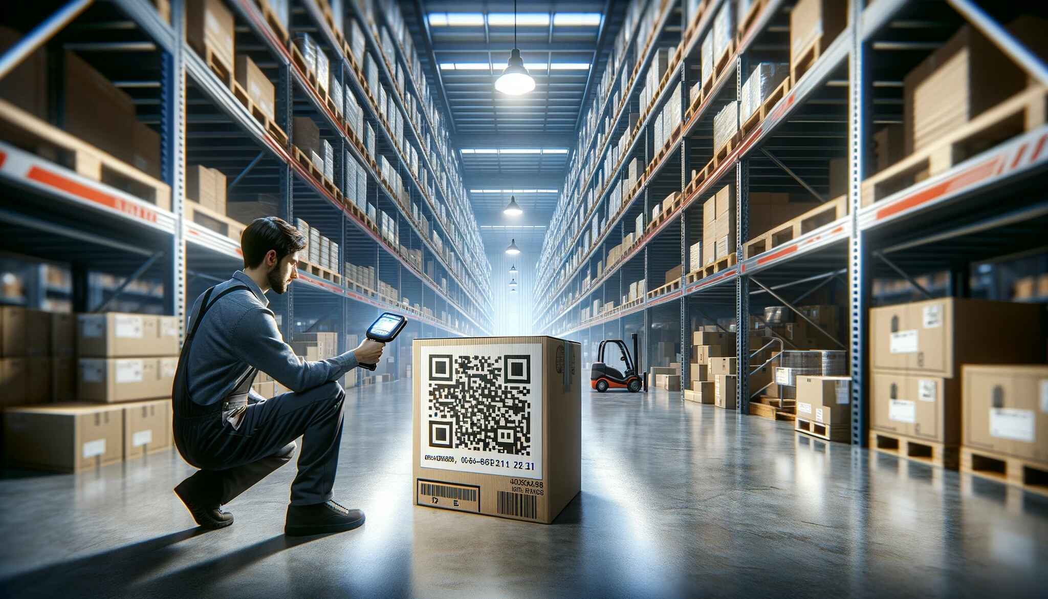 A man in a warehouse using QR code asset tracking