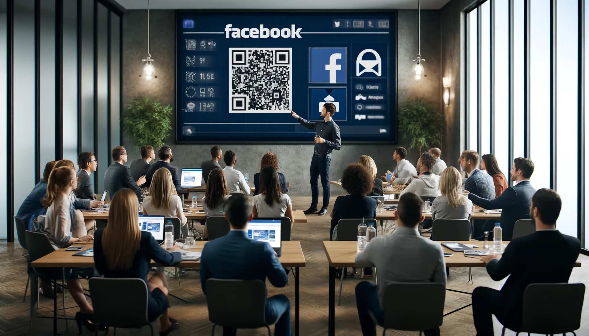 a man showing a QR code on a big screen with a Facebook logo