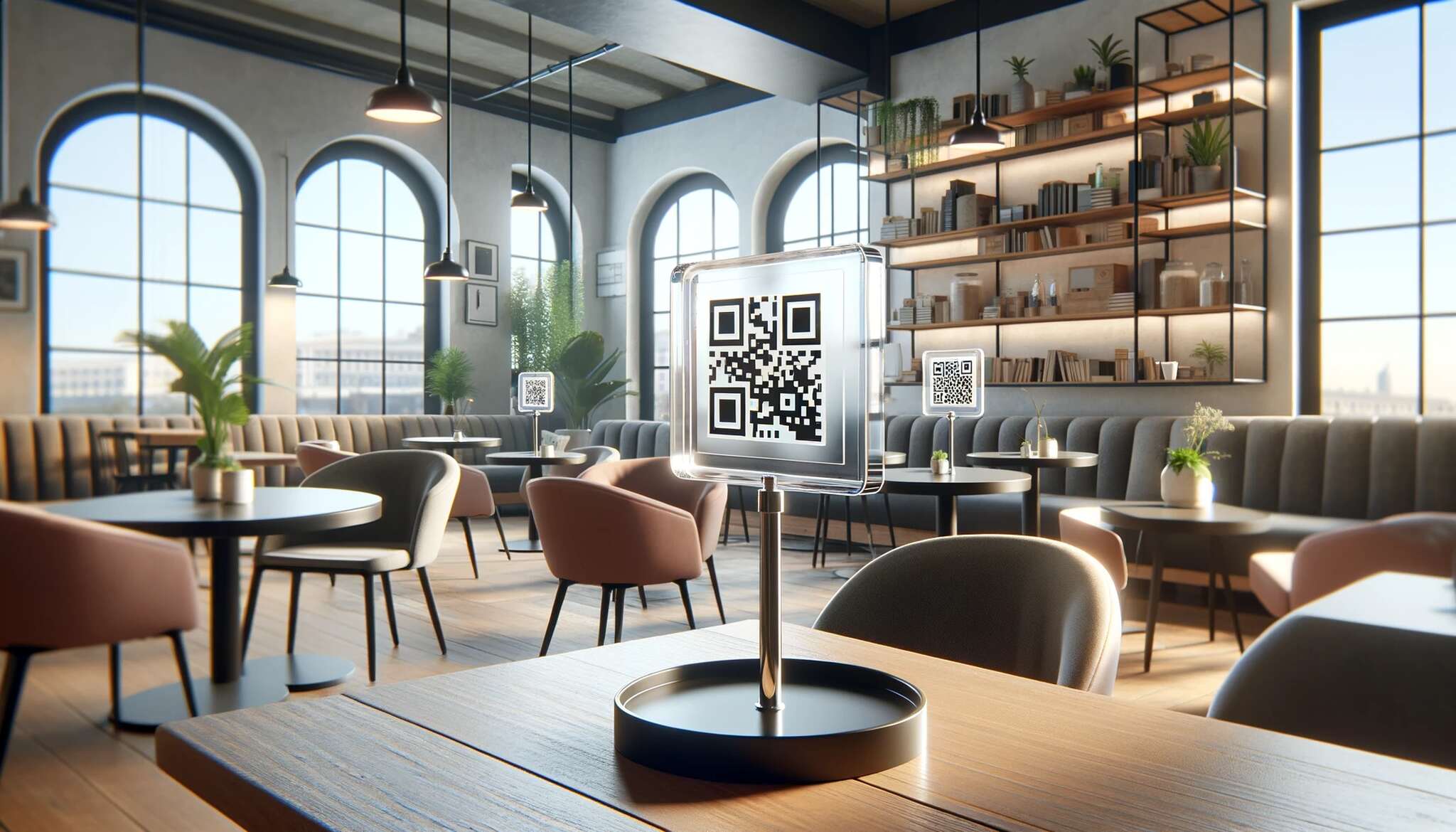 A modern cafe with an acrylic QR code table tent