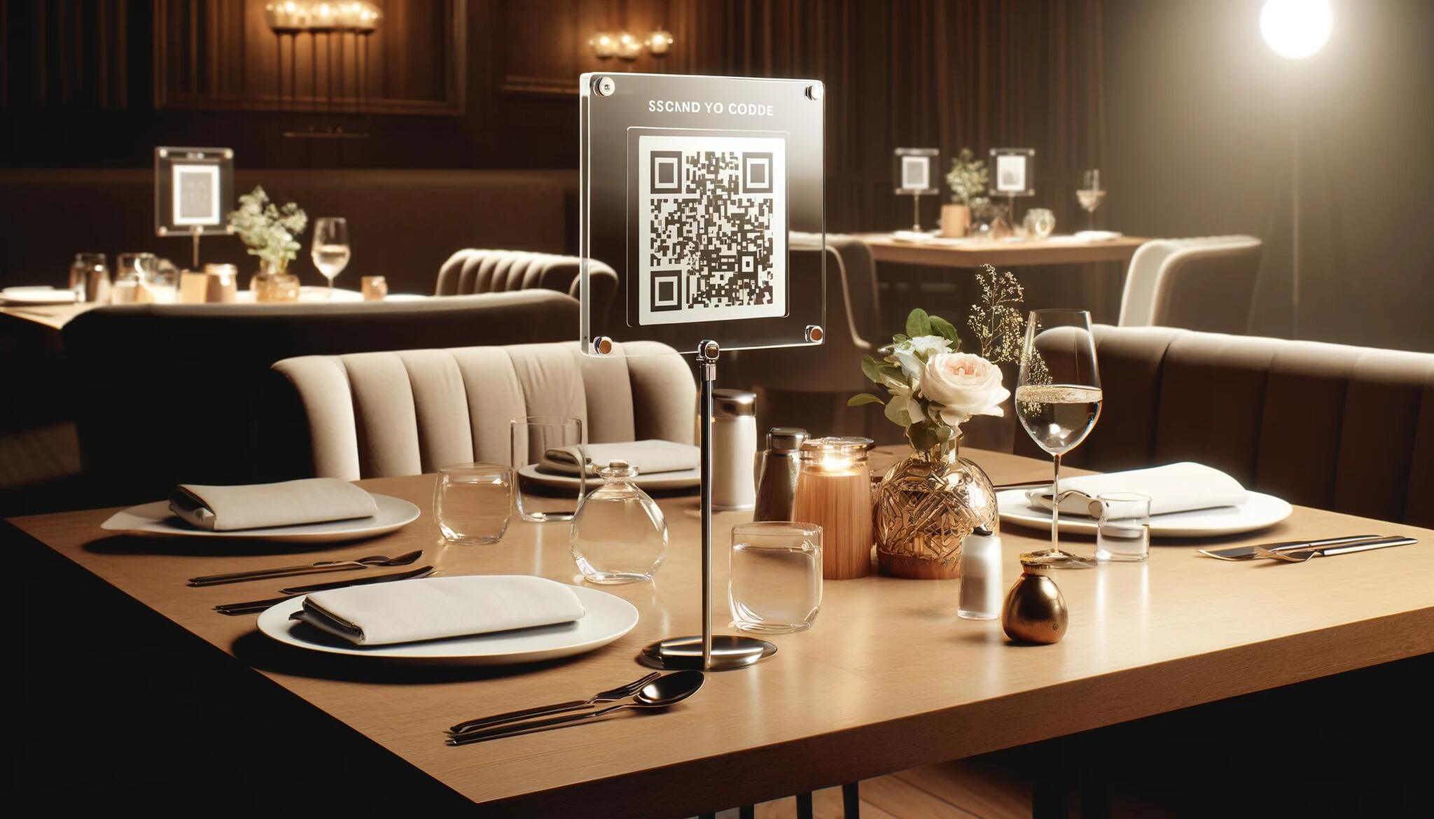 A modern restaurant table with QR code table tent 