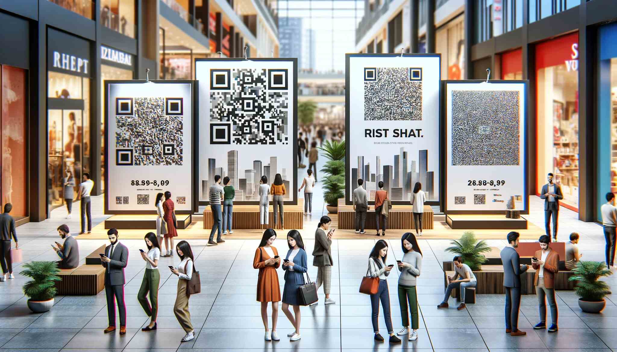 a variety of QR codes on banners in a commercial setting